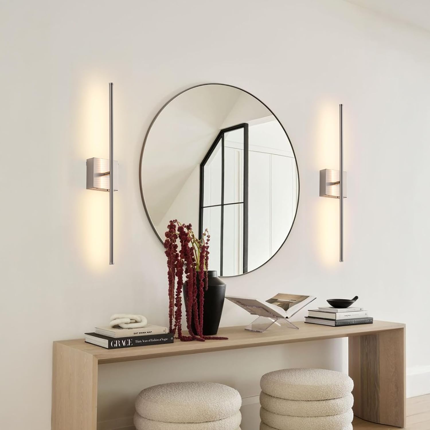 KARTOOSH Battery Operated Wall Sconces Set of 2 Wireless,28.3 Inch Nickel | Battery Removable, 3000-6000K, Stepless