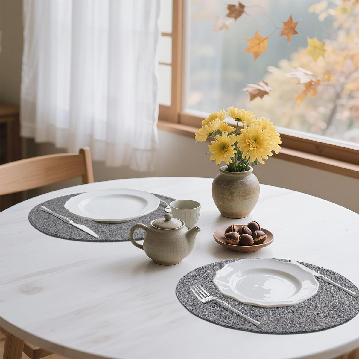 Cotton Linen 15 Inch Round Cloth Place mats, Set of 6, Dark Grey | Washable Table Mats, Heat Resistant, Reversible