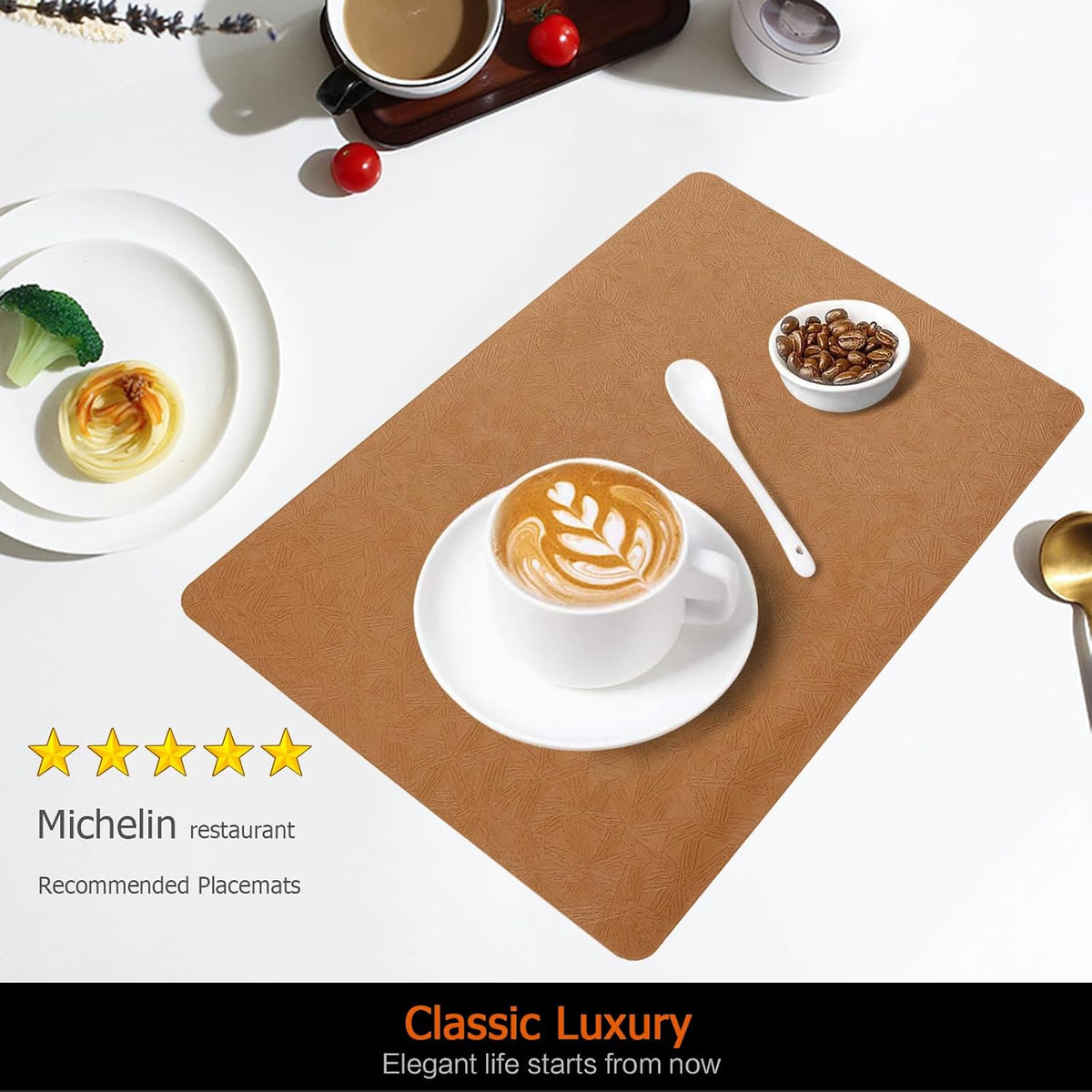 Brown Plastic Placemats Set of 12, Faux Leather Waterproof Table Mats | Brown Vinyl place mats,Wipeable and heat