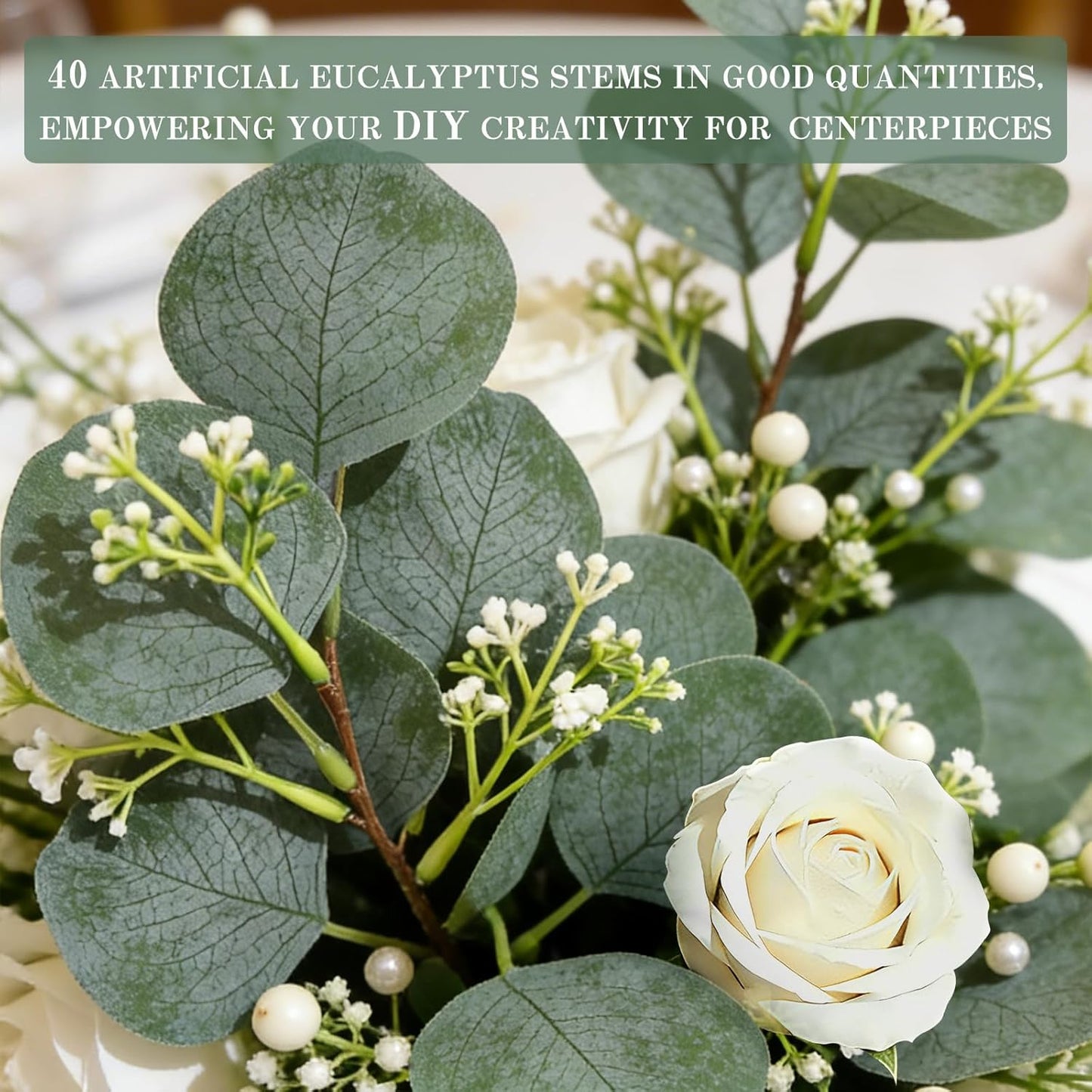Faux Eucalyptus Leaves Stems Bulk Dollar White Seed Artificial Greenery Stems / Silver / Set of 40