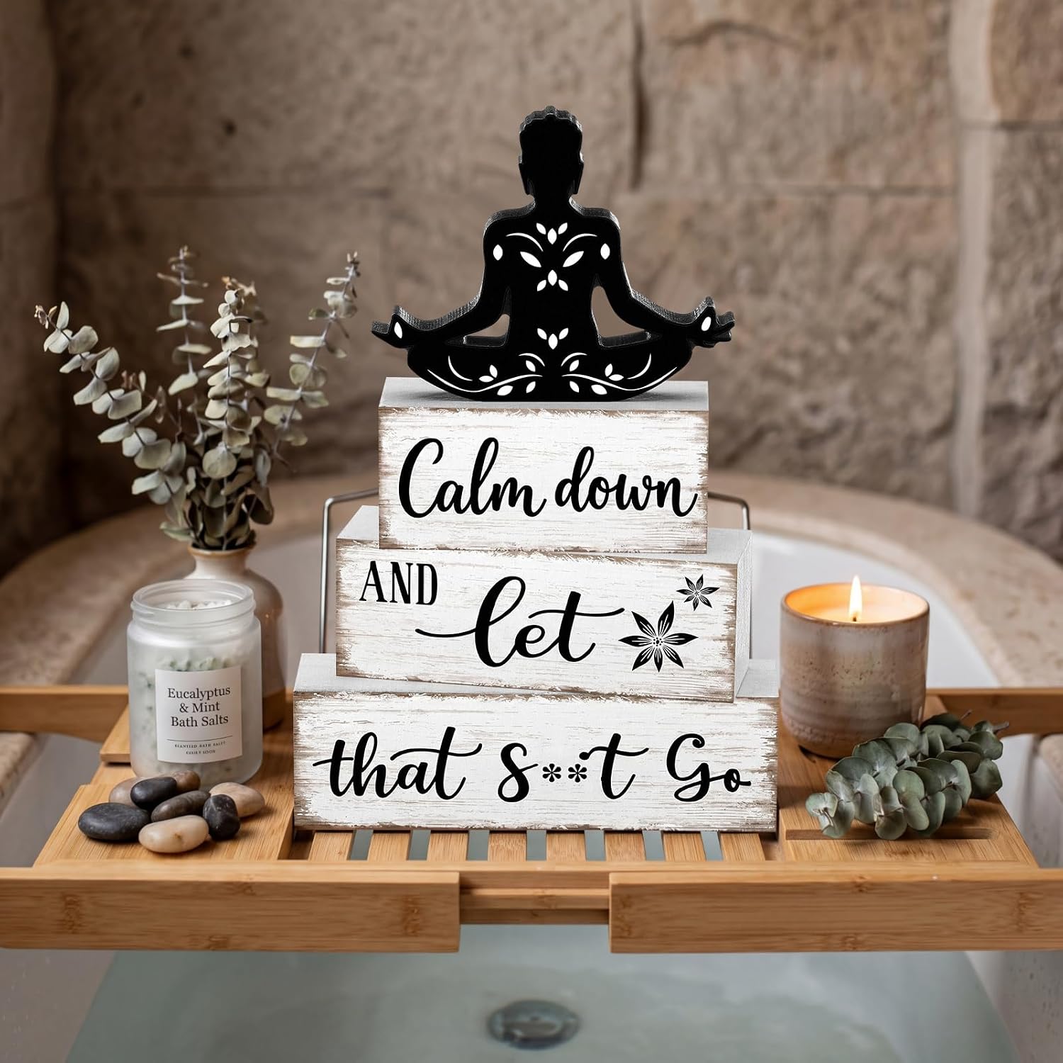 Funny Bathroom Shelf Decor Calm Down and Wooden Block Sign Rustic Farmhouse / Let That Go / Set of 4