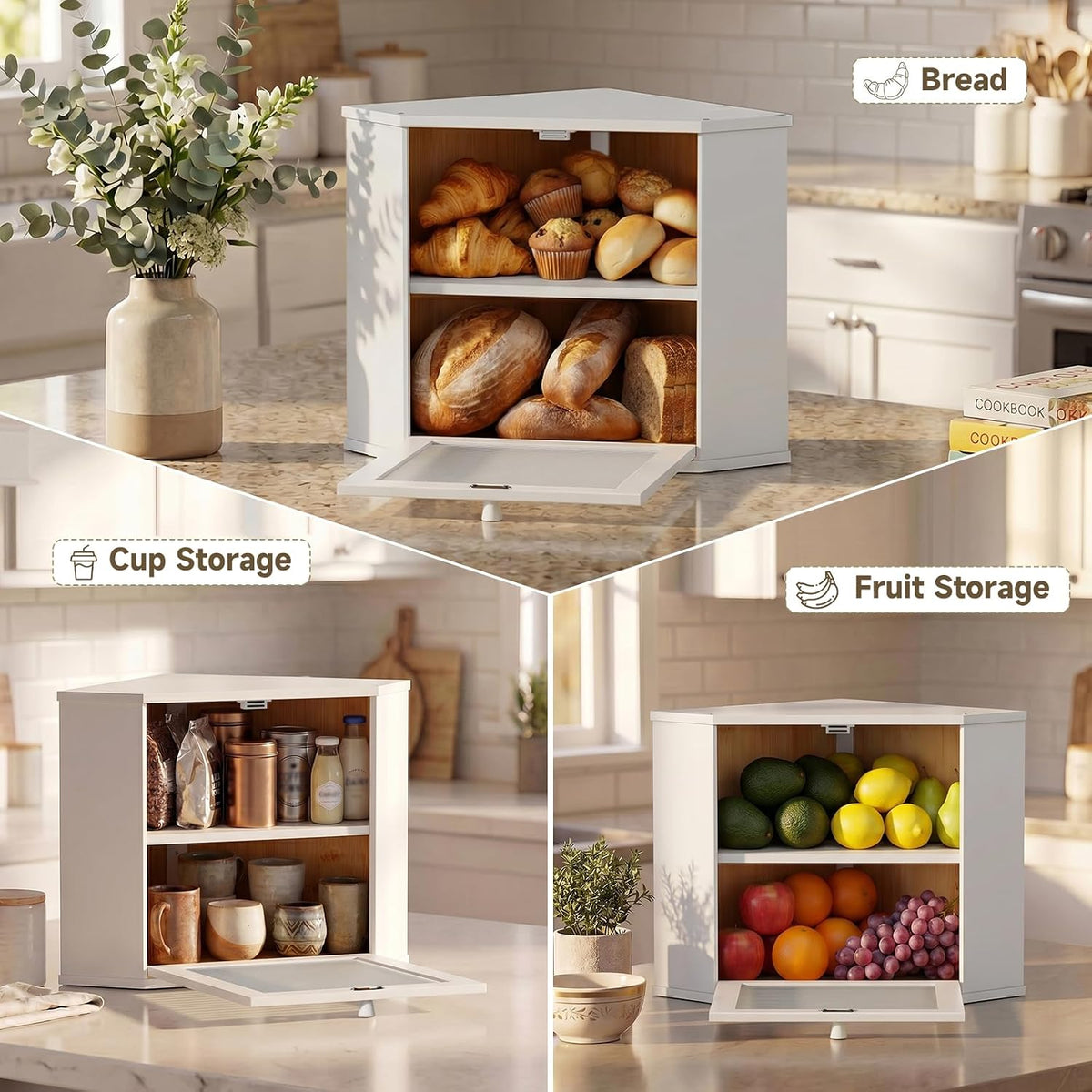 Bread Box for Kitchen Corner Countertop,Large Bread Basket (White, Large) | Double Layer Bamboo Bread Storage Container