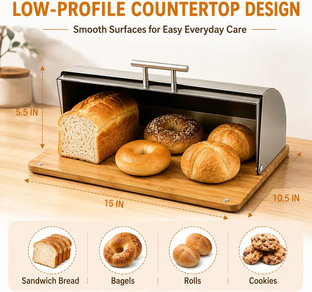 Bread Box for Kitchen Countertop, Modern Stainless Steel Roll-Top M | Clear Acrylic Viewing Door with Frosted Pattern