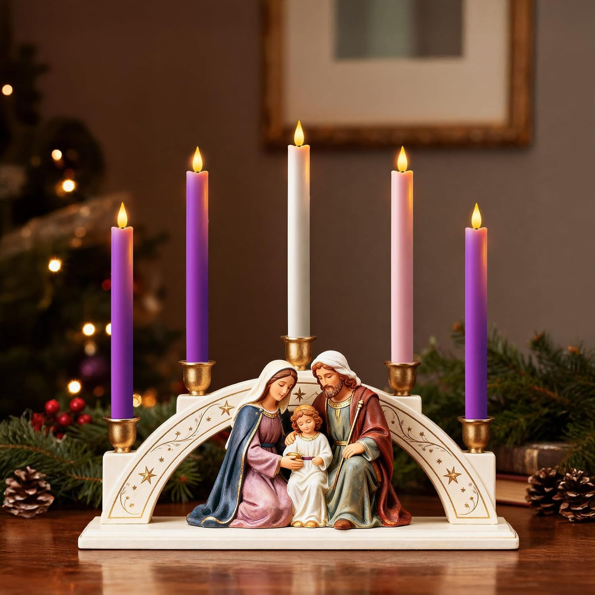 LED Advent Candles Set of 5, Flameless Taper Candles with Remote, Battery Operated Taper Candlestick Flickering, 3
