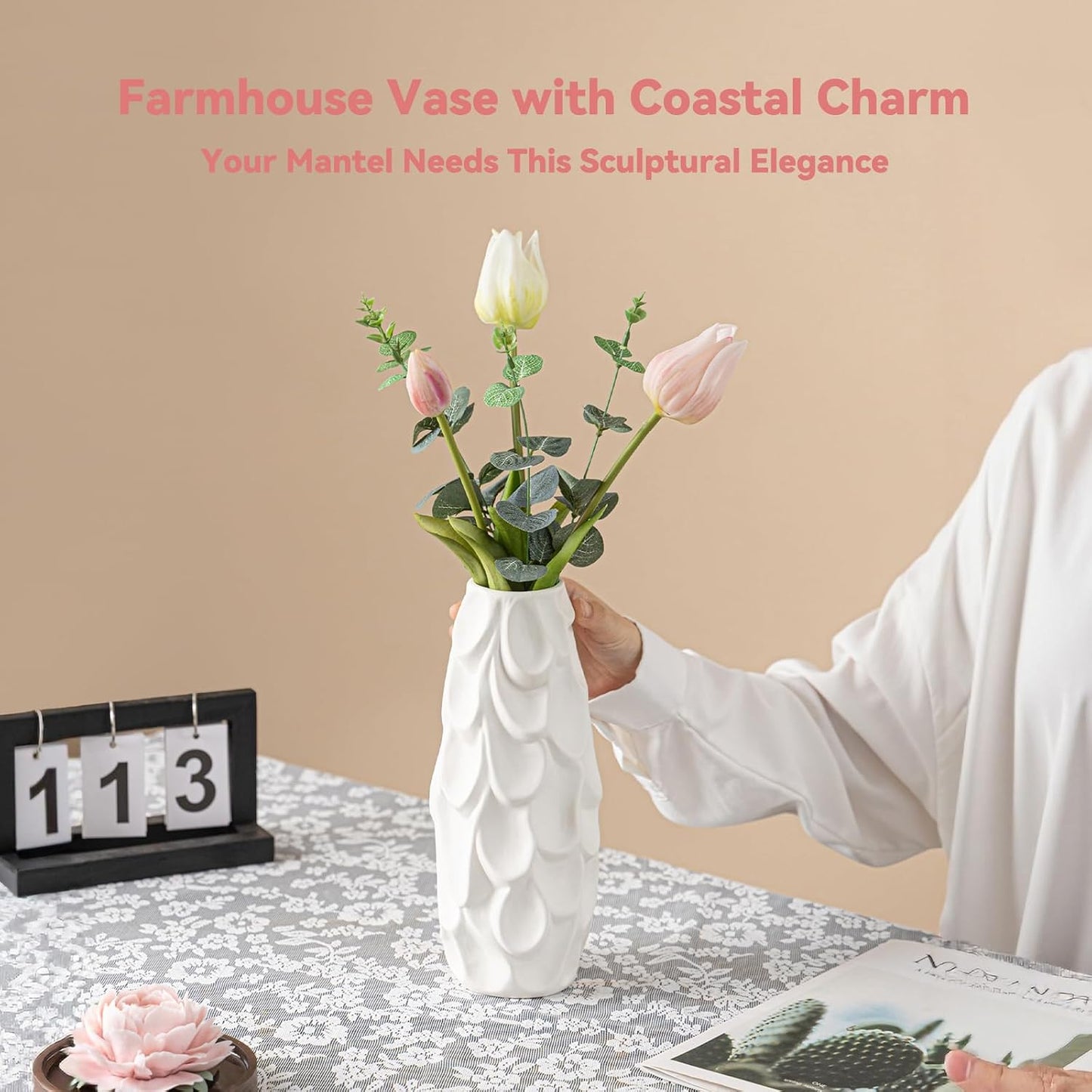 10.5" Unique Flower Vase / Scalloped Scale Vase / White
