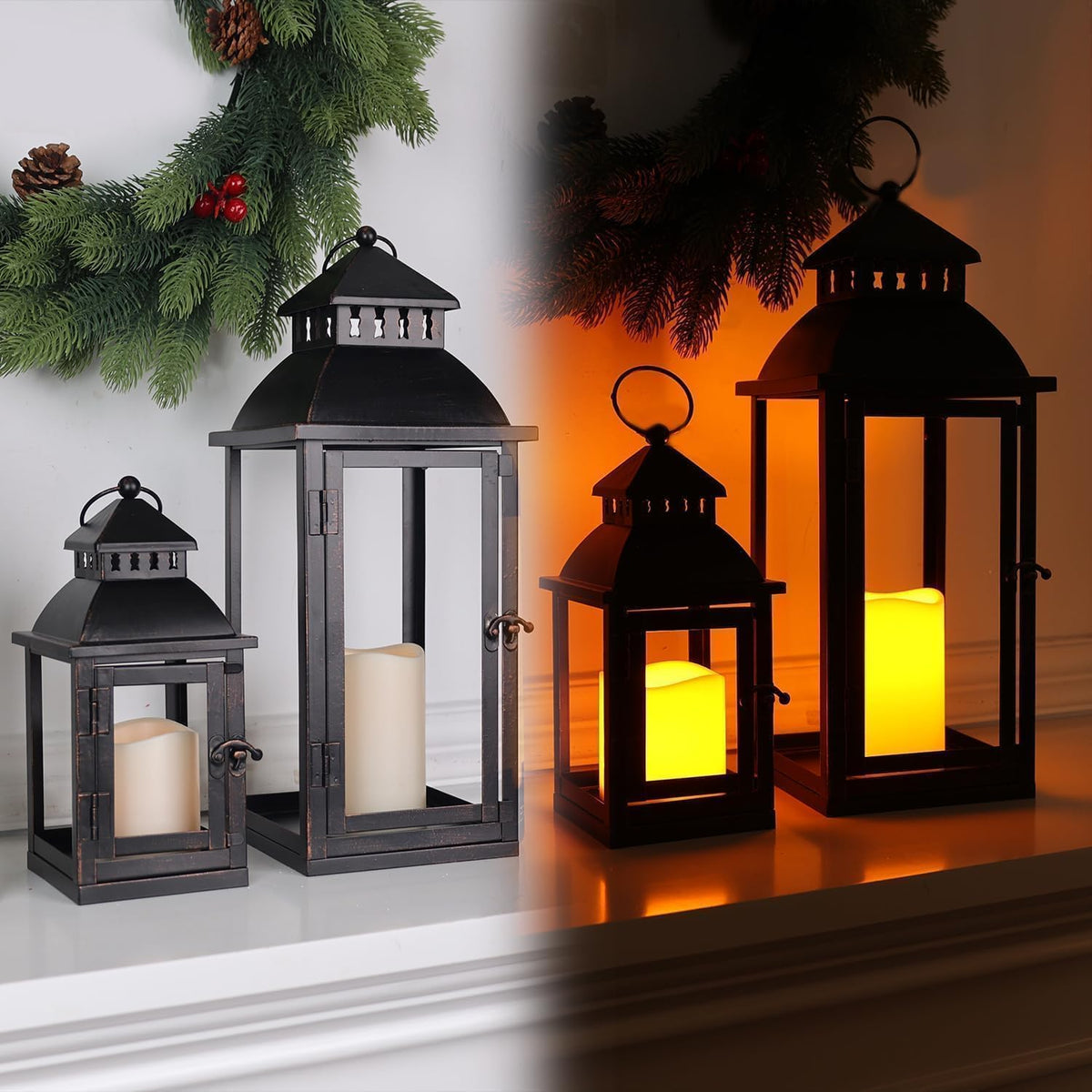LED Lanterns Decorative Outdoor&Indoor, Set of 2 (17’’&11’’) Large Black Metal Lantern Decor with bronze brush, Candle
