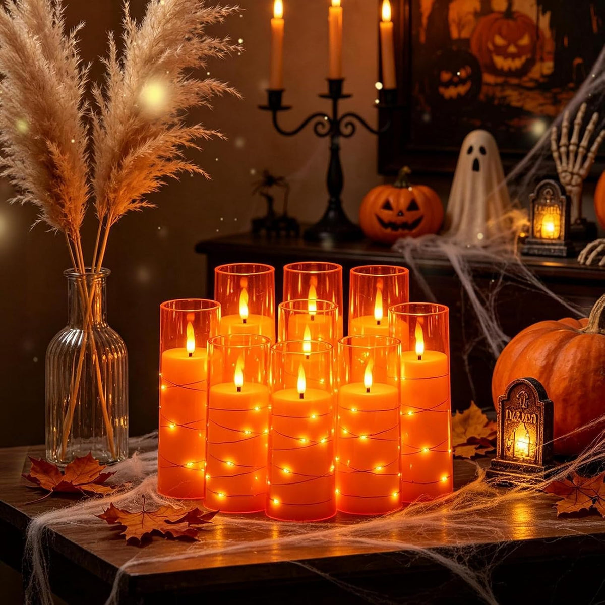 Nimiko Flickering Flameless LED Candles,Battery Operated Candles 9 Pcs with Embedded Star String,Acrylic LED Pillar