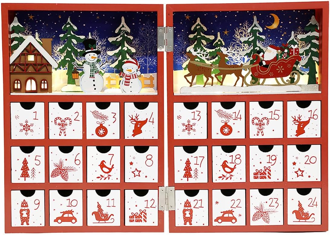Christmas Wooden Advent Calendar Book with LED lighting Red Color Christmas Snowman & Santa Countdown Holiday Gifts
