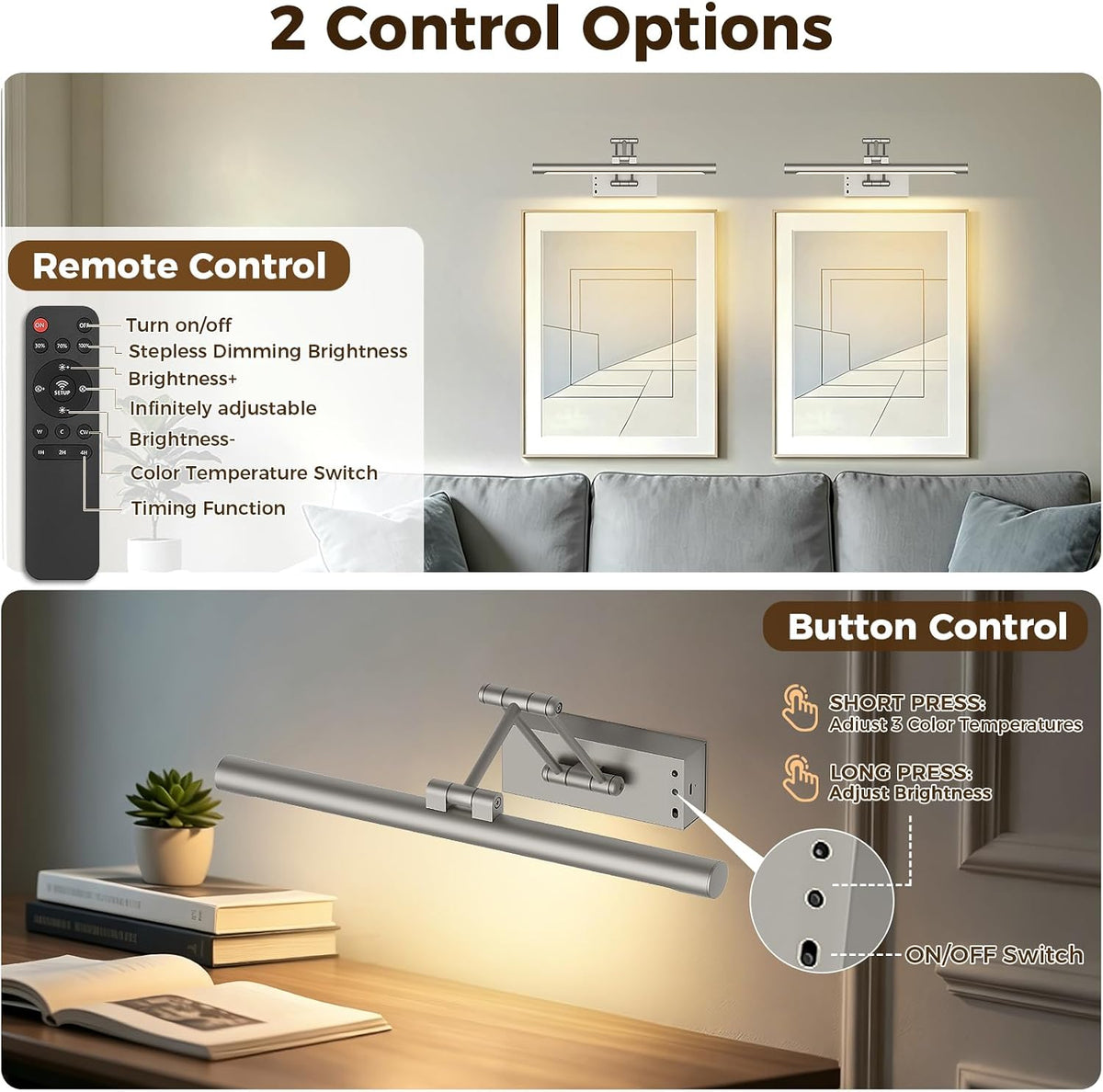 Battery Operated Picture Light for Wall Wireless Art Light 15.75 Inch | Gallery Lights with Remote and Timer Brushed