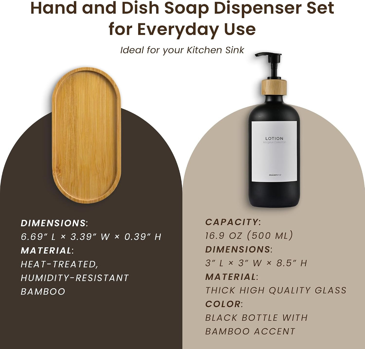 MaisoNovo Glass Dish Soap Dispenser for Kitchen Set of 2-16.9oz Dish and Hand Soap Dispenser Set for Kitchen - Black