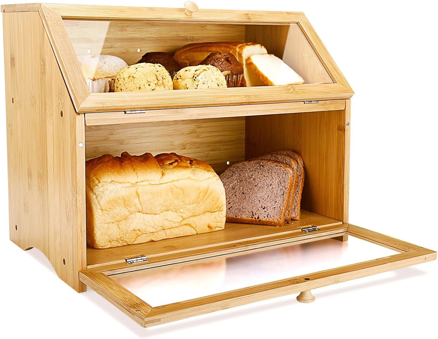 HOMEKOKO Double Layer Bread Box for Kitchen Countertop, Natural Bamboo | Keeps Bread Fresh 3-4 Days, Large Capacity