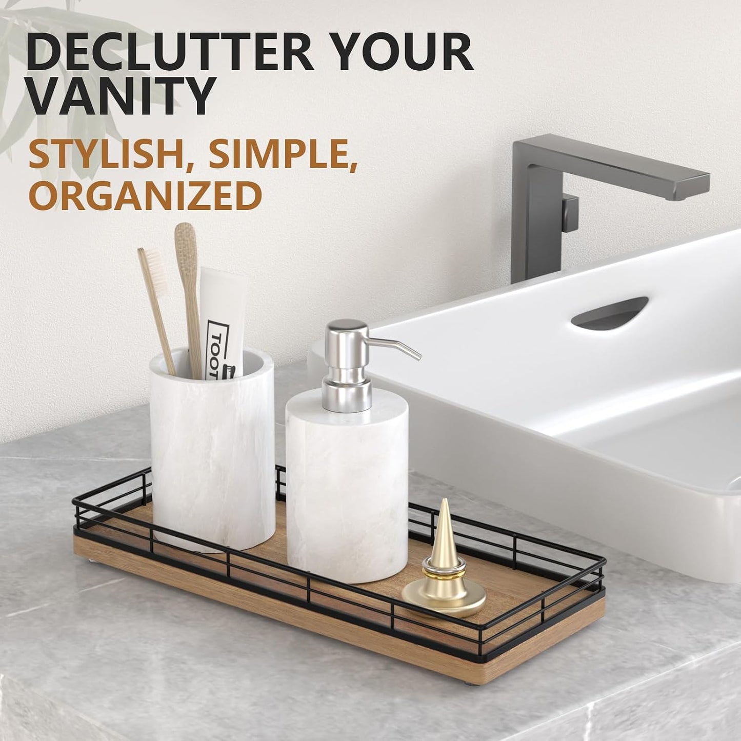 Acacia Wood Vanity Tray / Black & Acacia / 11 x 4.5 x 1.5
