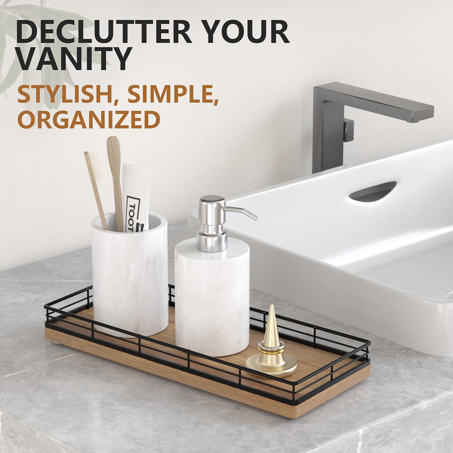 Acacia Wood Vanity Tray / Black & Acacia / 11 x 4.5 x 1.5