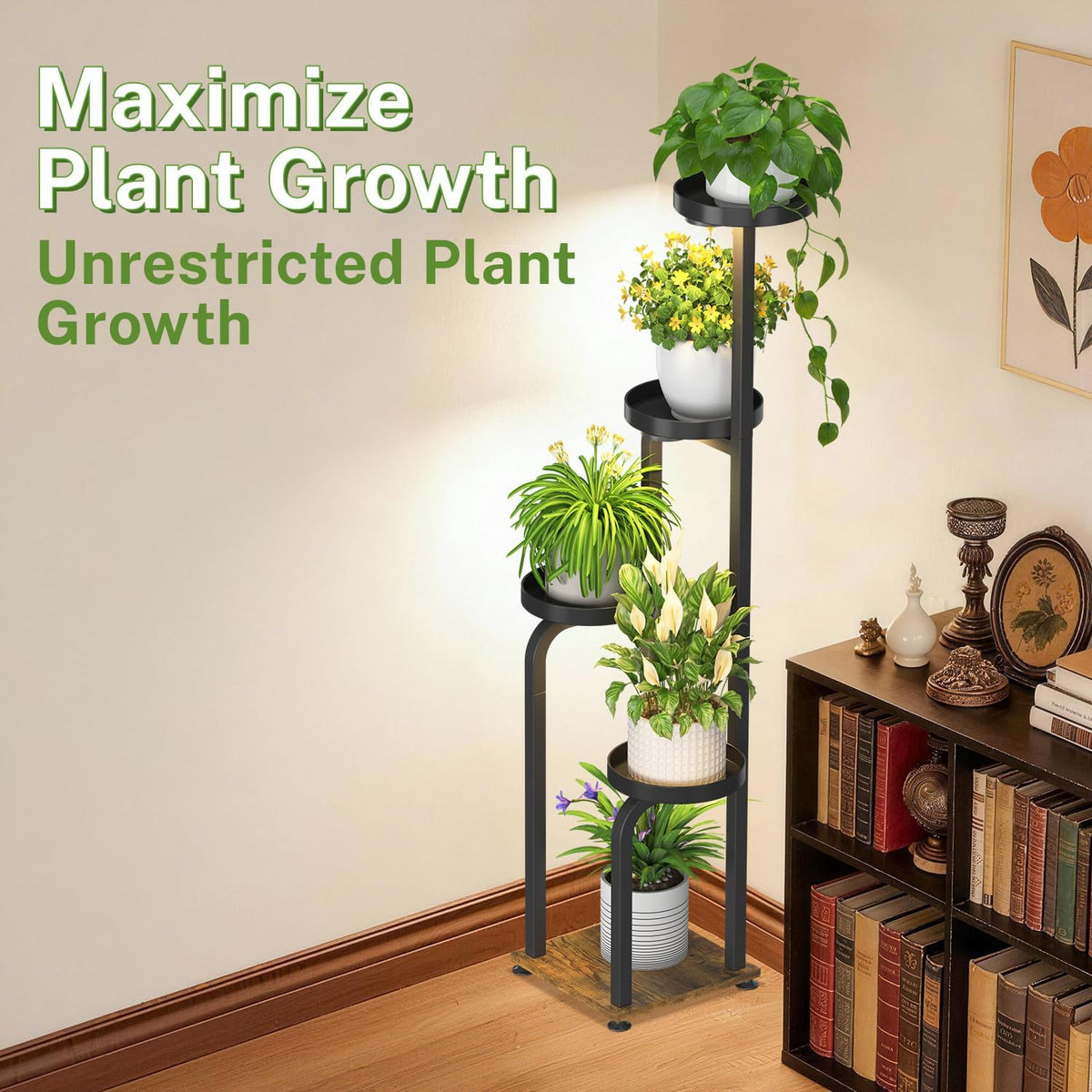 iDavosic.ly Tall Plant Stand Indoor with Grow Lights & Metal Trays, Brown | 4 Tier Corner Tiered Multiple Flower Holder