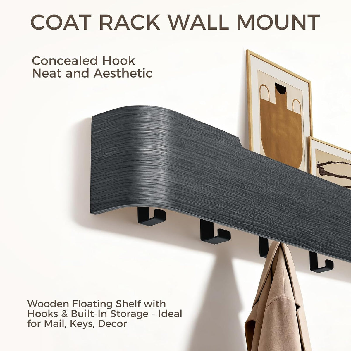 Coat Rack Wall Mount with Shelf Entryway Shelf Modern Key Holder Hanger Wall Shelves with Hidden Hooks for Hanging