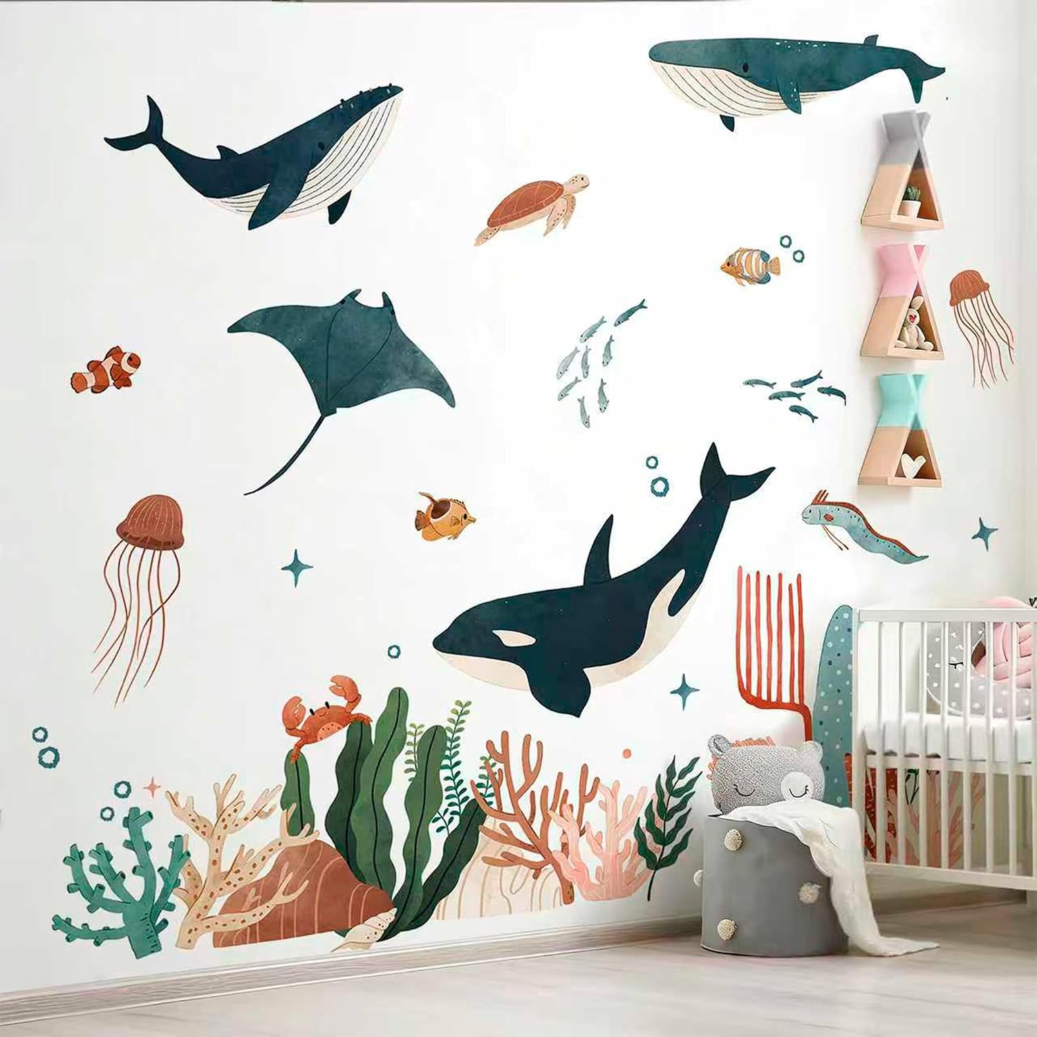Large Ocean Wall Decals Jellyfish Whales Watercolor Peel and Stick Removable Under / Ocean Animals-b