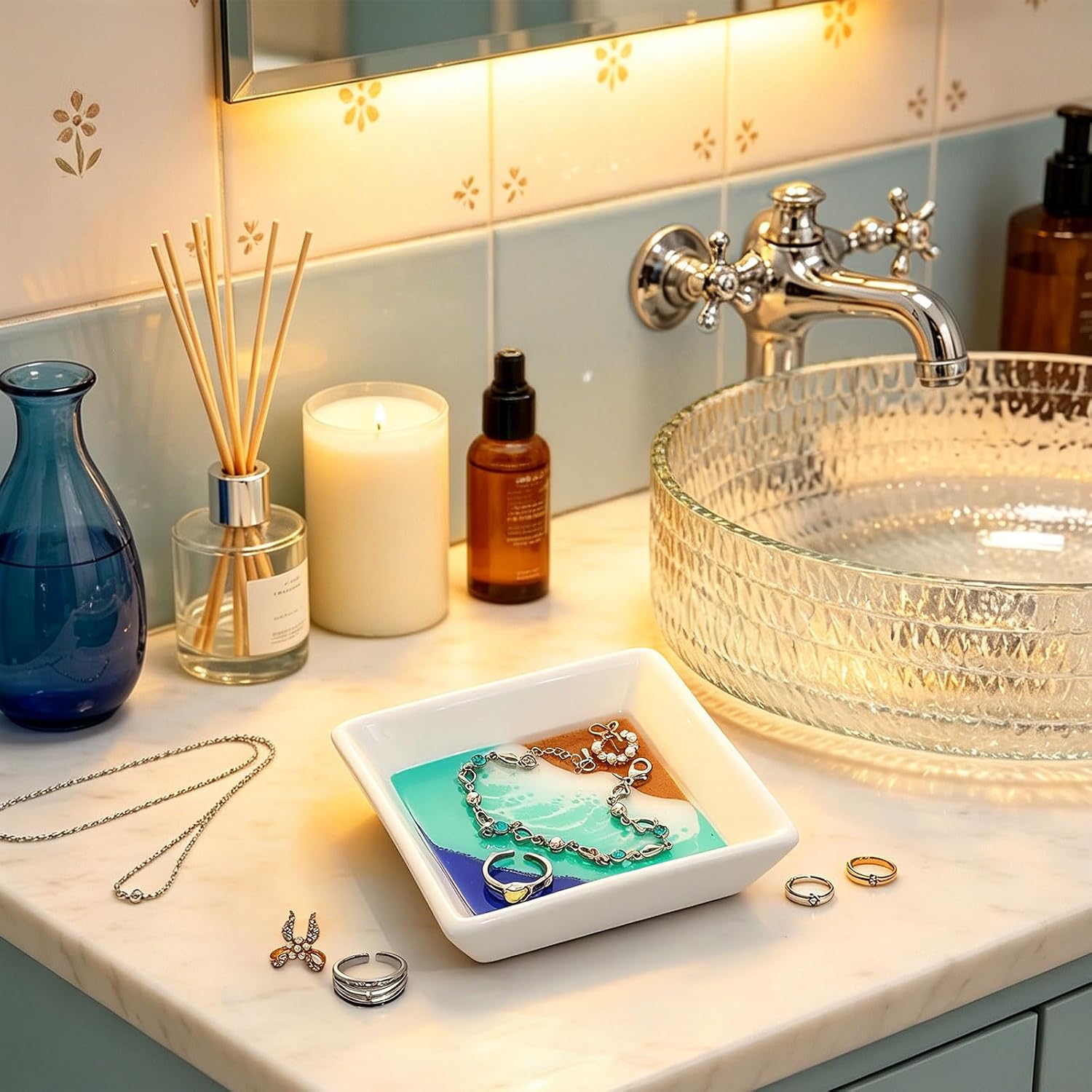 Beach Gift for Women Ocean Jewelry Tray Ring Dish Ceramic Resin Coastal Trinket Holder Necklace Ear