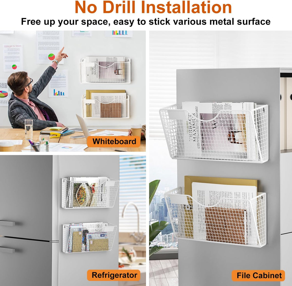 MFTEK Magnetic File Holder, 2 Pockets Wall File Folders Holder No Drilling Magnetic Paper Mail Organizer Magazine