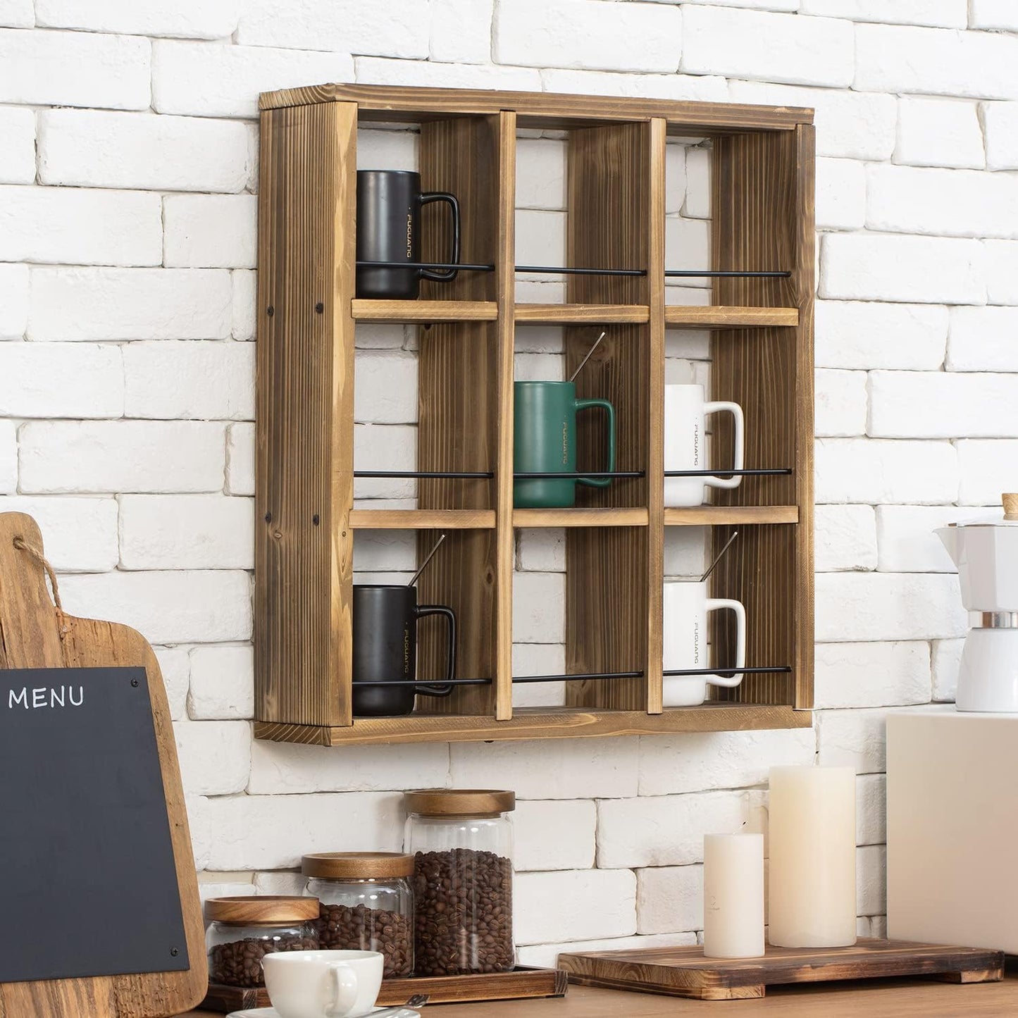 MyGift Wall Mounted Coffee Mug Display Rack – Rustic Burnt Wood Shadow Box Shelf for Collectible Travel Mugs, Cup
