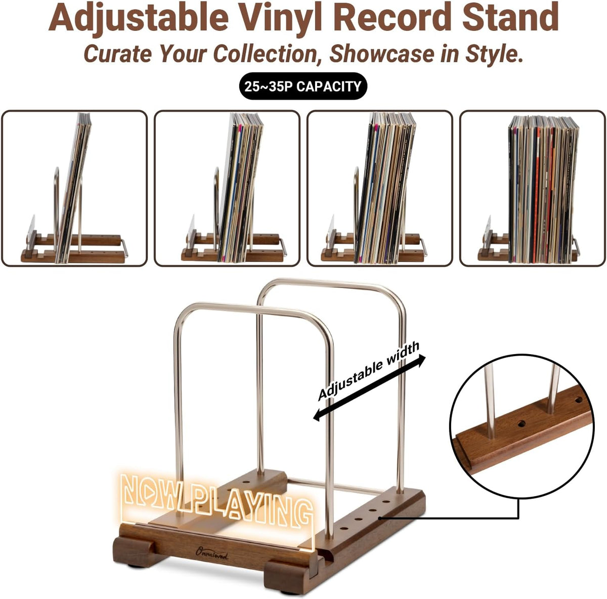 Onmiwod Vinyl Record Holder for 35 LPs, Light Up Now Playing Vinyl Record Stand, Wooden Album Storage Organizer, Album