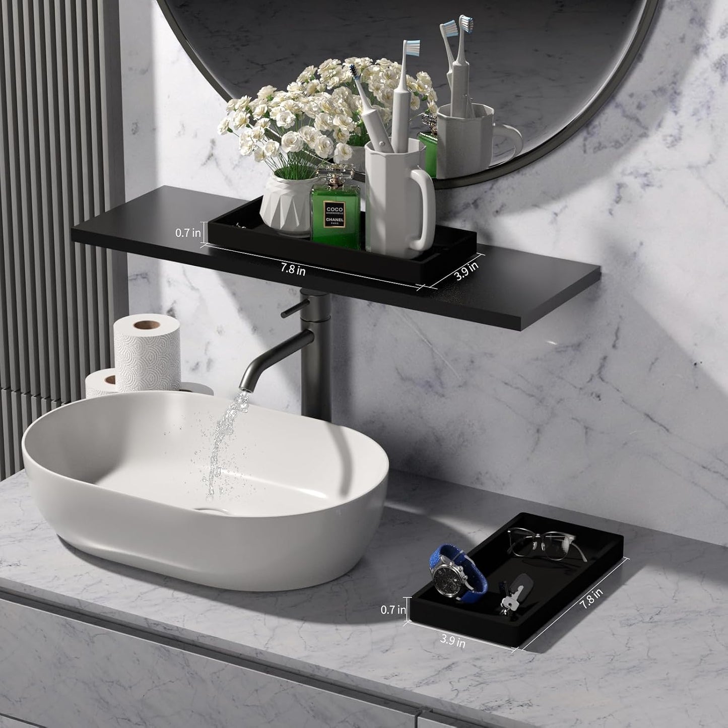 Bathroom Vanity Tray / Black / 7.8 Inch / Set of 2