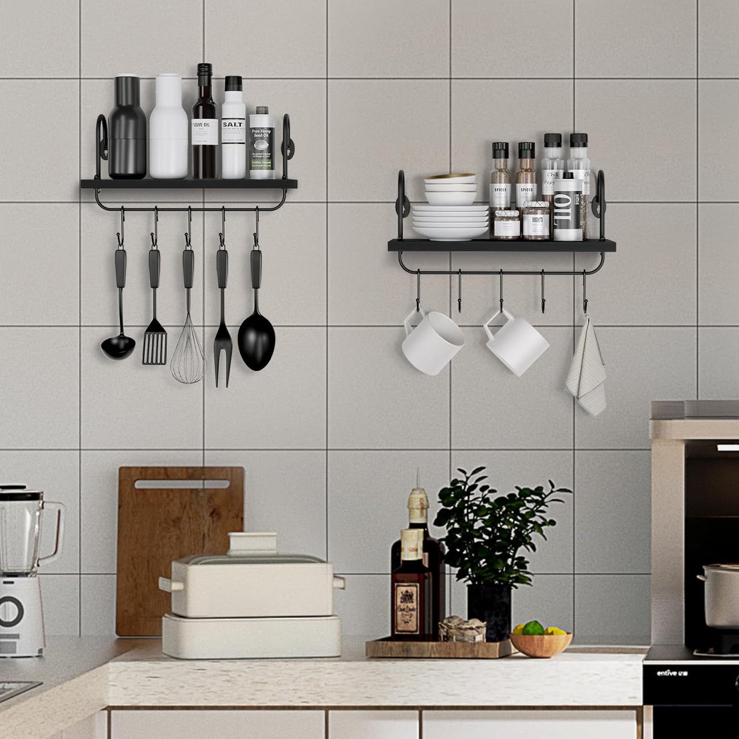 Olakee Floating Wall Shelves for Kitchen Bathroom Coffee Nook with 10 Adjustable Hooks for Mugs Cooking Utensils or
