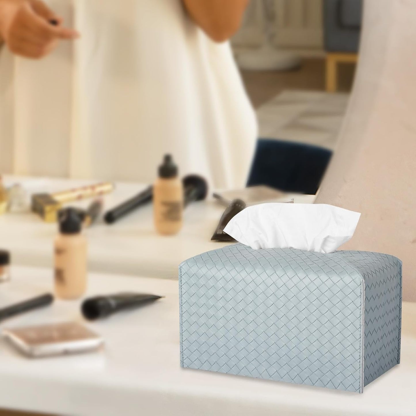 Tissue Box Cover PU Leather Tissue Holder Square Facial Tissue Case Facial / Rectangle / Powderblue