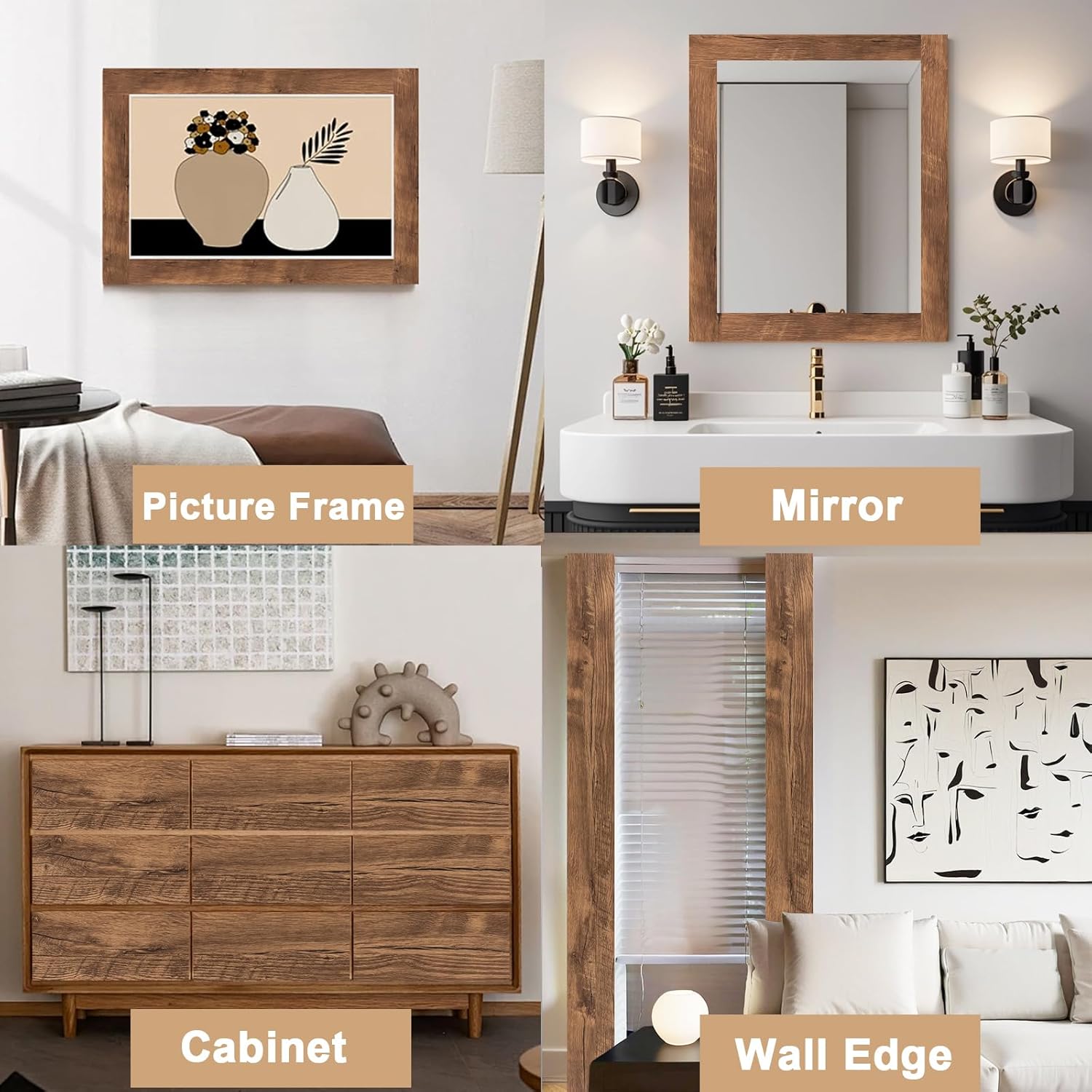 10M Wood Grain Mirror Frame Border Peel and Stick Wallpaper / 3.9 x 393 / Brown