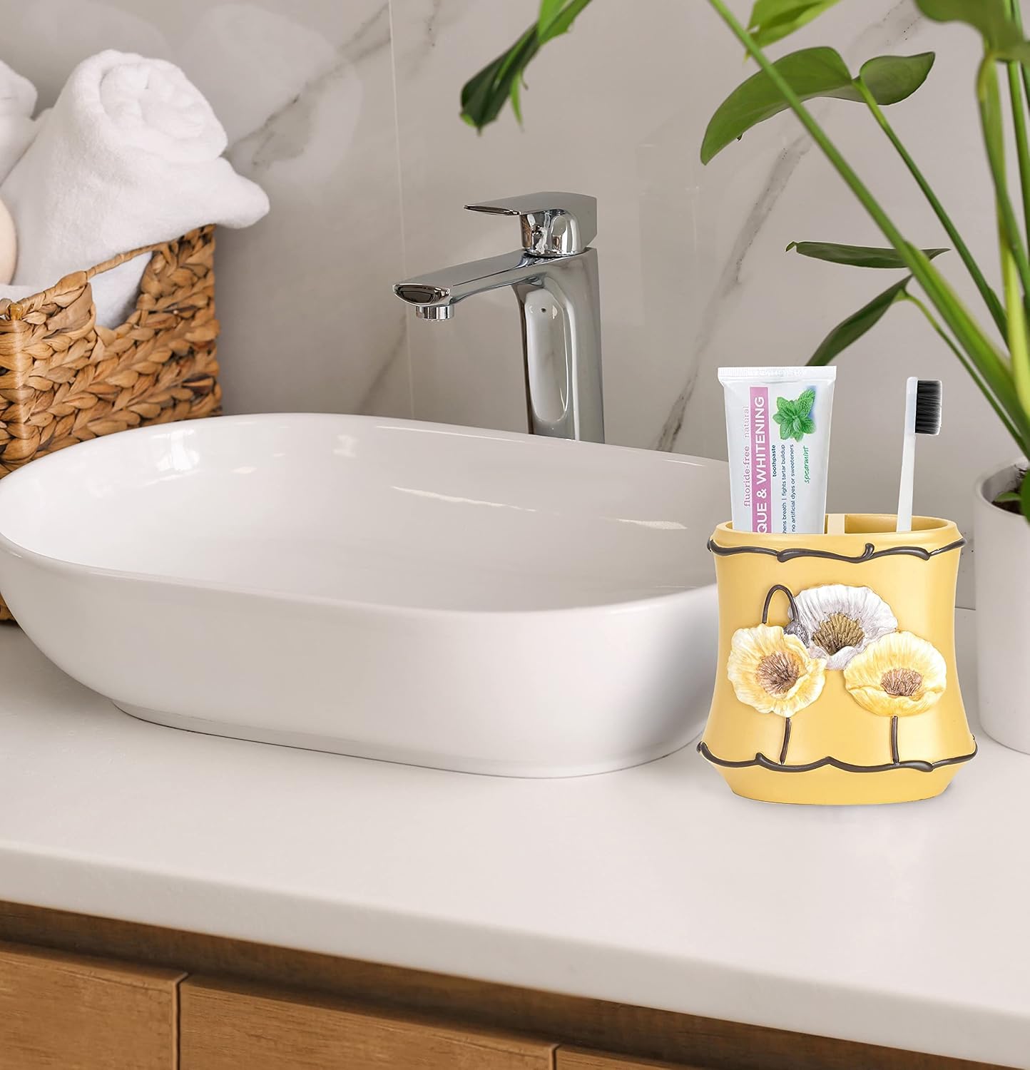 Zahari Home 4pc Poppy Fields Yellow Bathroom Accessories Set Hand Soap Dispenser, Tumbler, Tooth Brush Holder and Soap