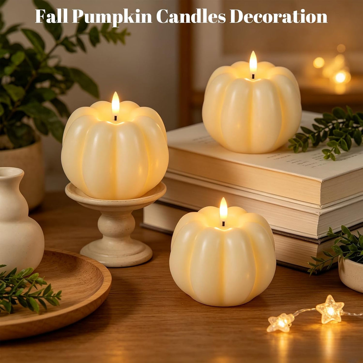 Wondise Fall Decorations Real Wax Pumpkin Candles with Remote Timer | Off-white Battery Operated LED Candles Fall Decor