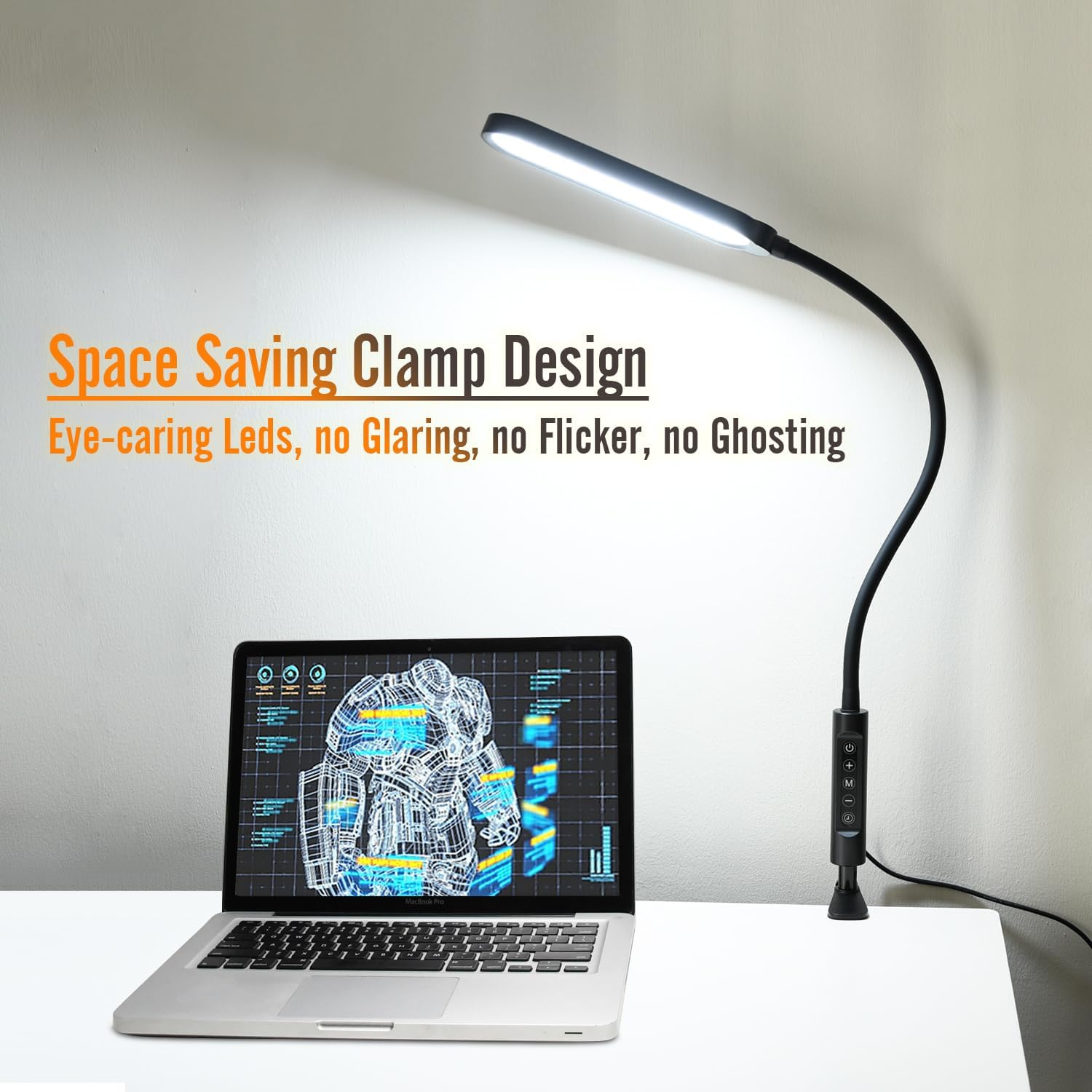 18W 3000LM LED Clamp Desk Lamp | CRI 95 Eye-Caring Light with Remote & Touch Control, 360 Flexible Gooseneck, 3 Color