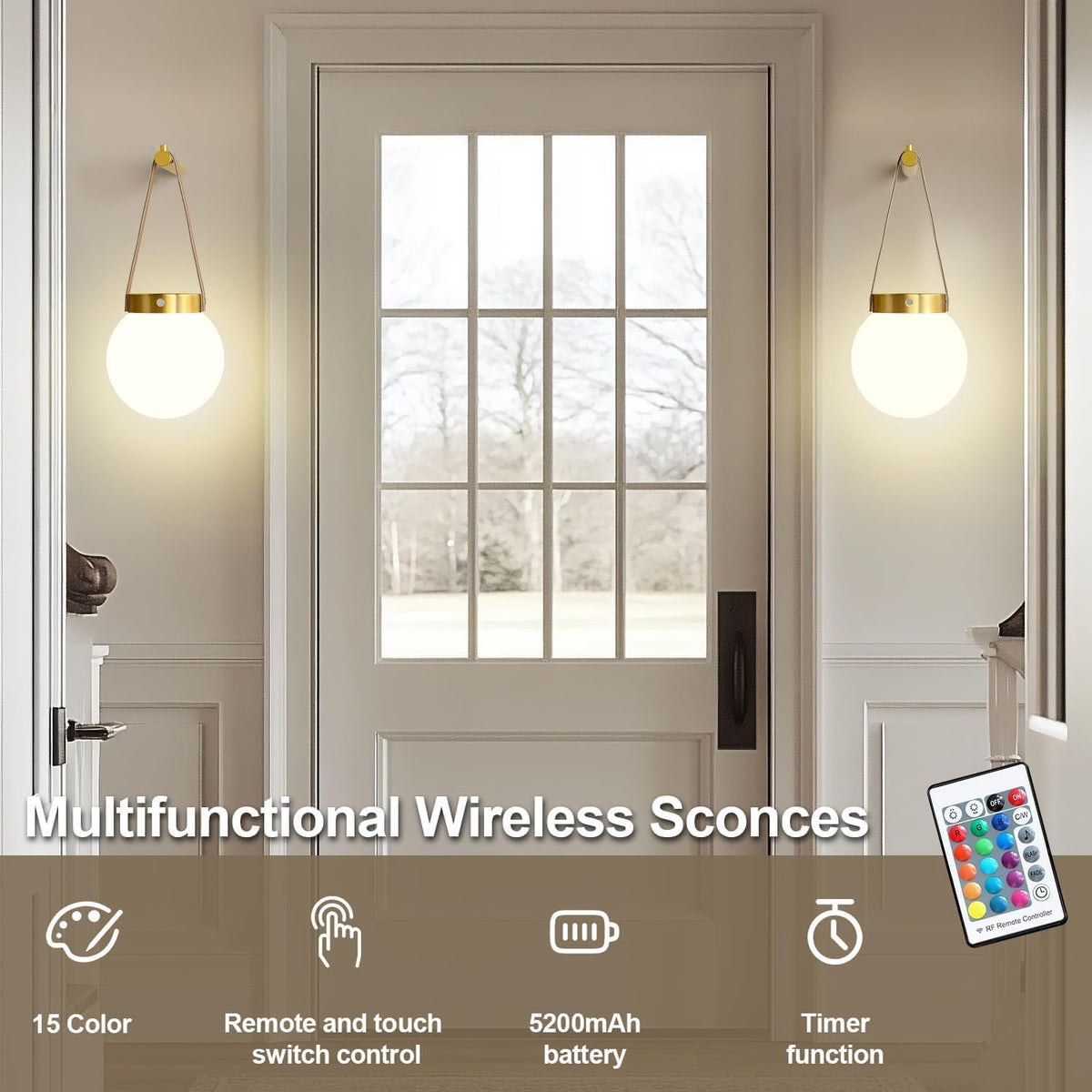 Battery Operated Wall Sconces Set of 2, Gold Wall Lamps for Bedroom with Remote Control Warm/Natural/Daylight/RGB 15