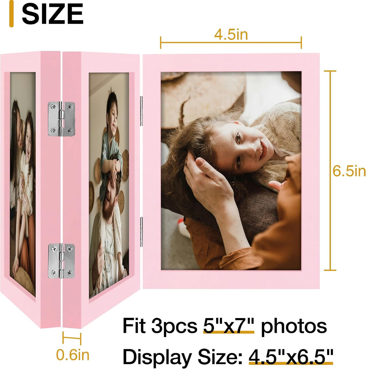 decorUhome Pink Triple 5x7 Picture Frame Vertical, MDPK08 | "Z" Shape Folding Design Engineered Wood Trifold Photo