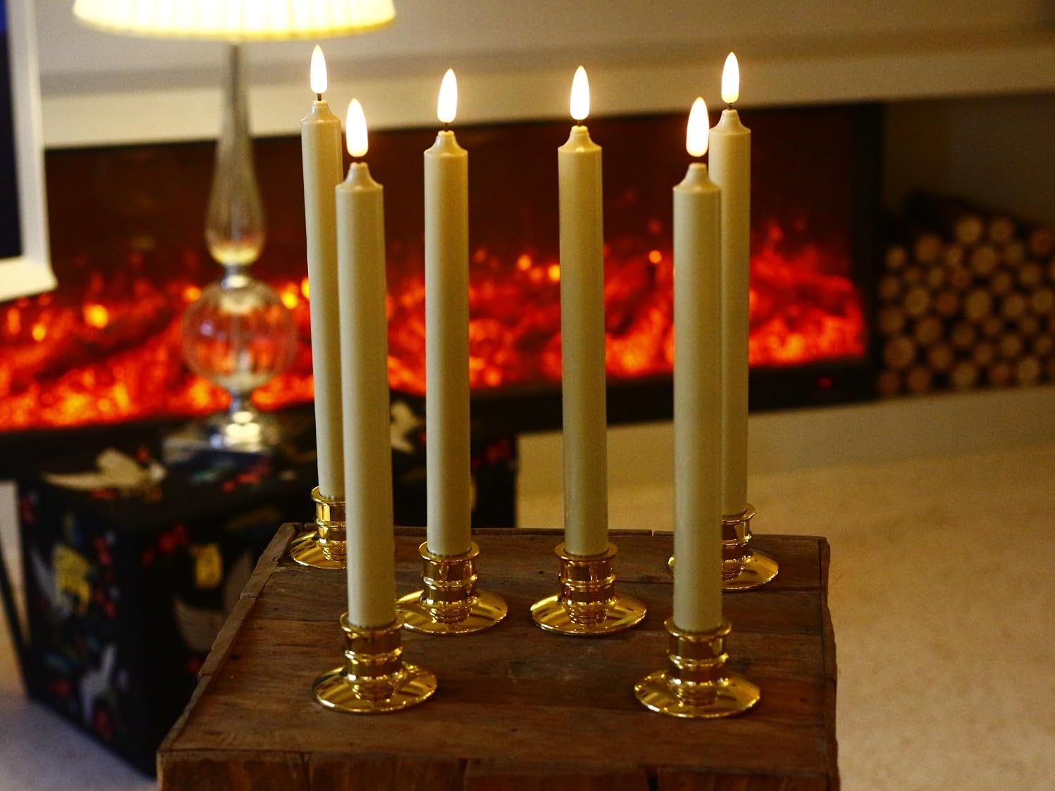 6 Pack Windows Candles with 12 AA Batteries(Include, Run More Than 400 Hours) + 6 Golden Removable Candlesticks + 6