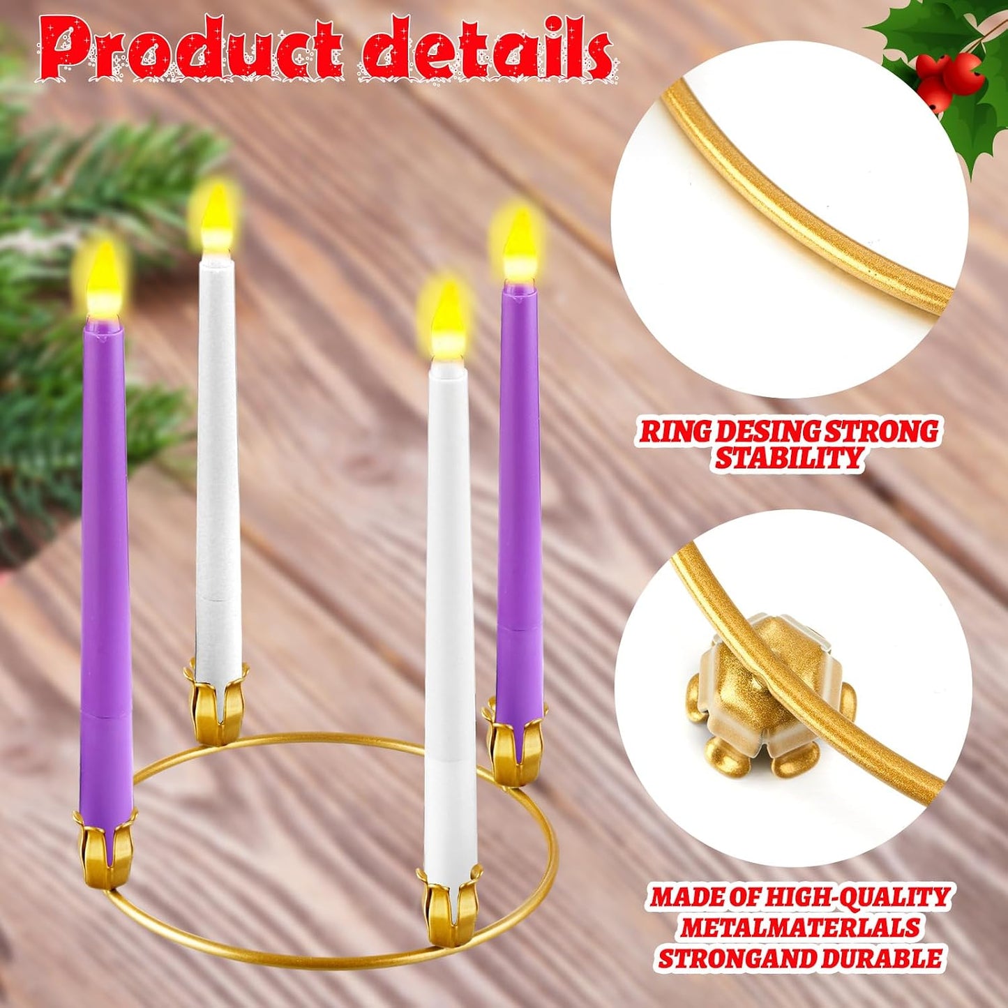 Thyle 12 Pcs Metal Christmas Advent Wreath Rings Bulk Gold Advent Wreath Candle Holder Xmas DIY Taper Candle Rings