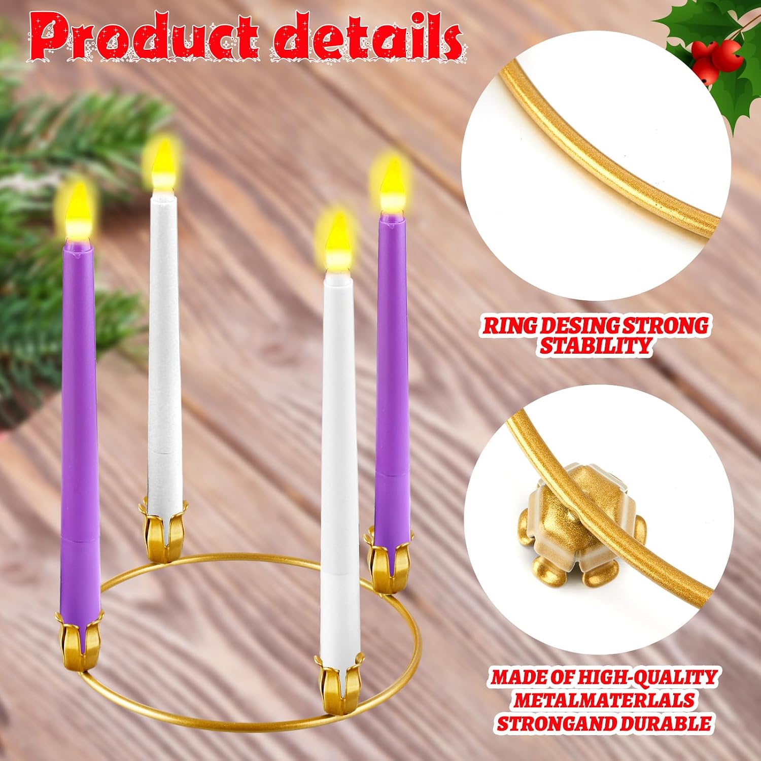Thyle 12 Pcs Metal Christmas Advent Wreath Rings Bulk Gold Advent Wreath Candle Holder Xmas DIY Taper Candle Rings