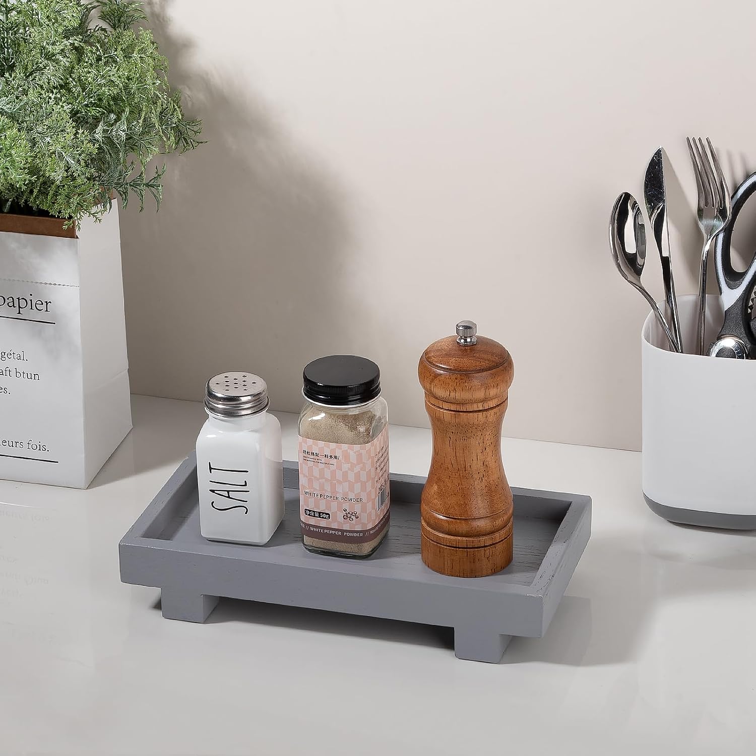 Decorative Tray Small Pedestal Stand Farmhouse Bathroom Decor Wooden Riser / Gray / 9.4 x 4.7 x 1.7