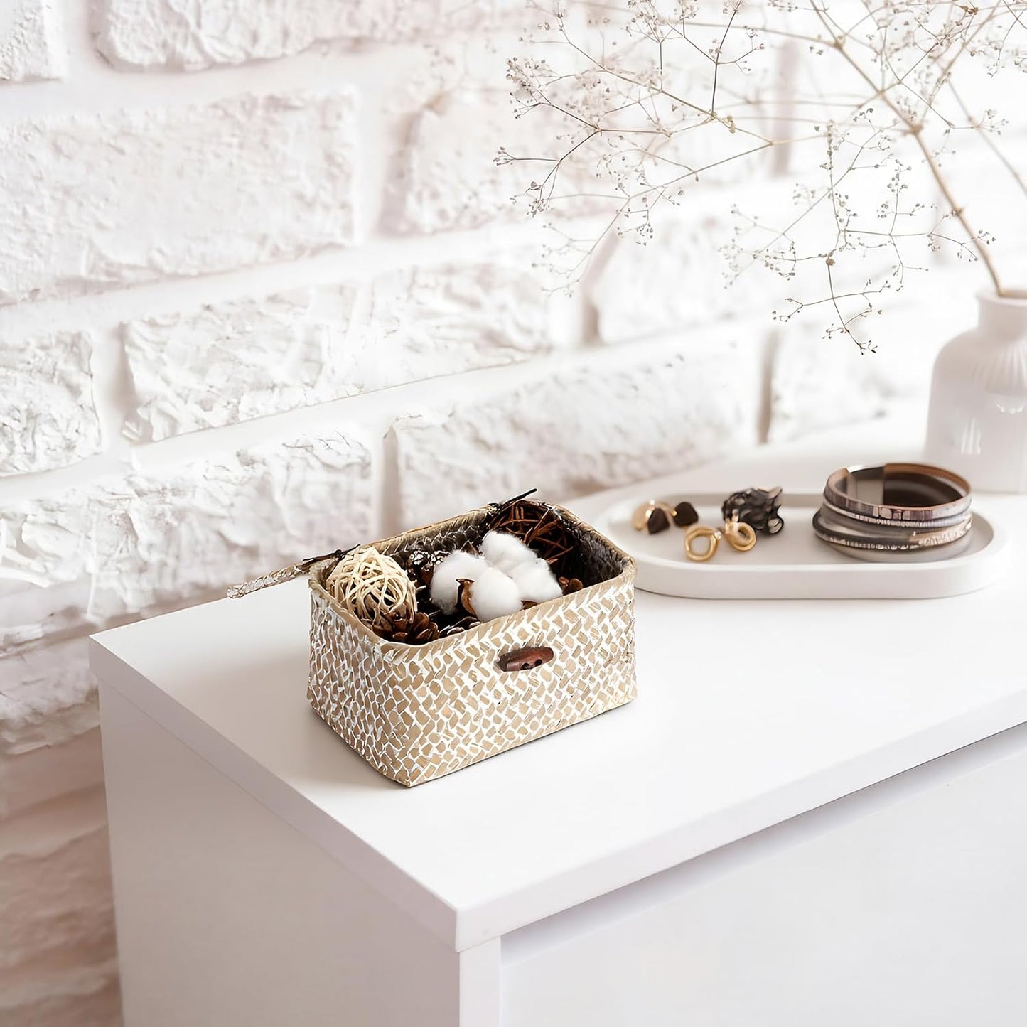 Wicker Shelf Basket Mini Seagrass Basket / 6.1 x 4.0 x 3.3 / Whitewash Color