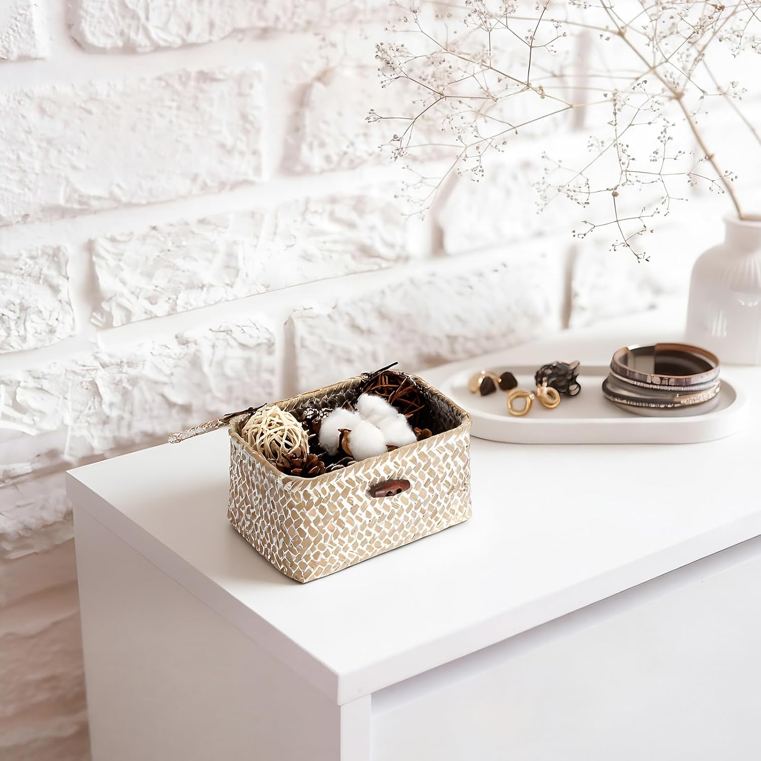 Wicker Shelf Basket Mini Seagrass Basket / 6.1 x 4.0 x 3.3 / Whitewash Color