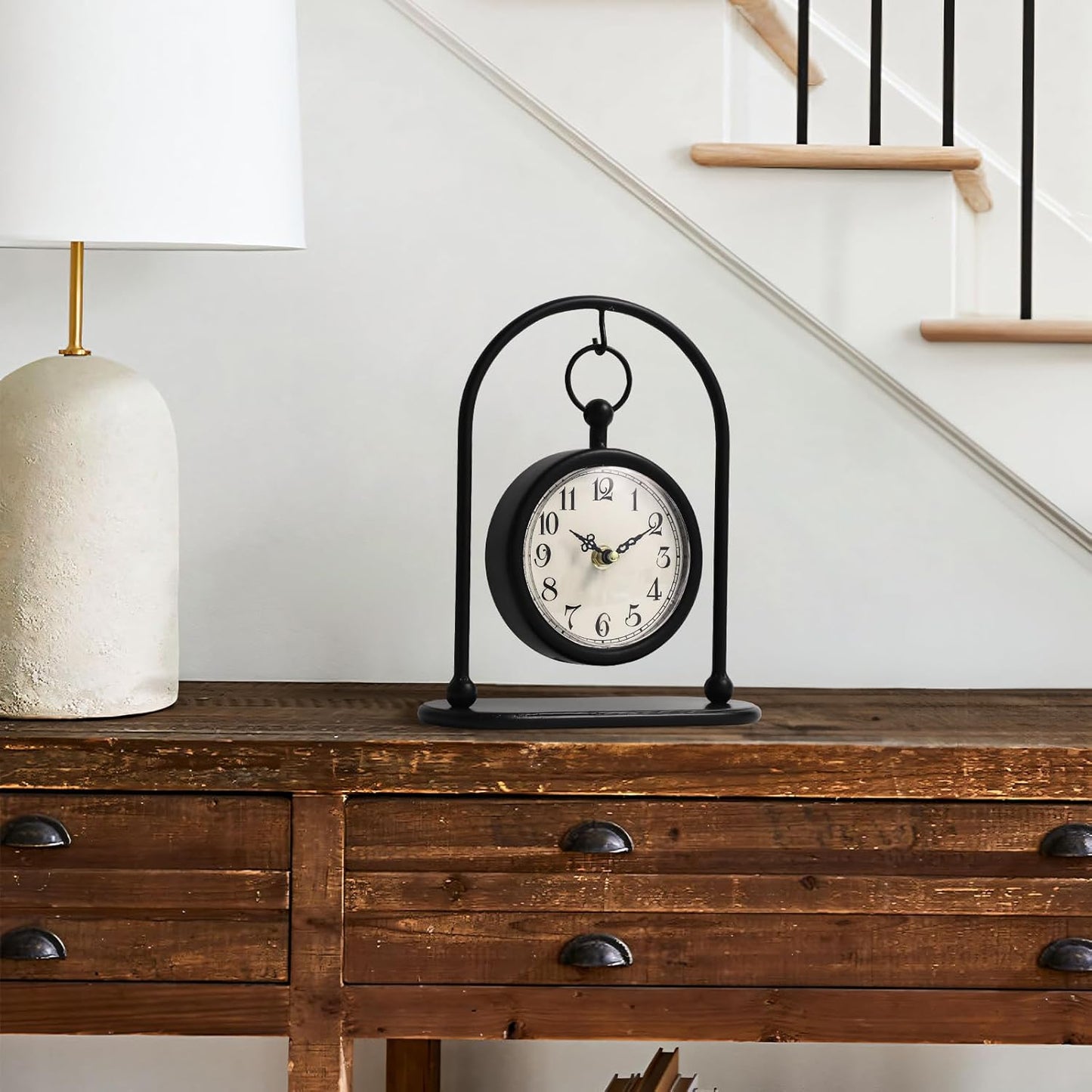 Vintage Metal Table Clock, Farmhouse Table Clock, Small Black Silent Non-Ticking Battery Operated Desk and Shelf Clocks