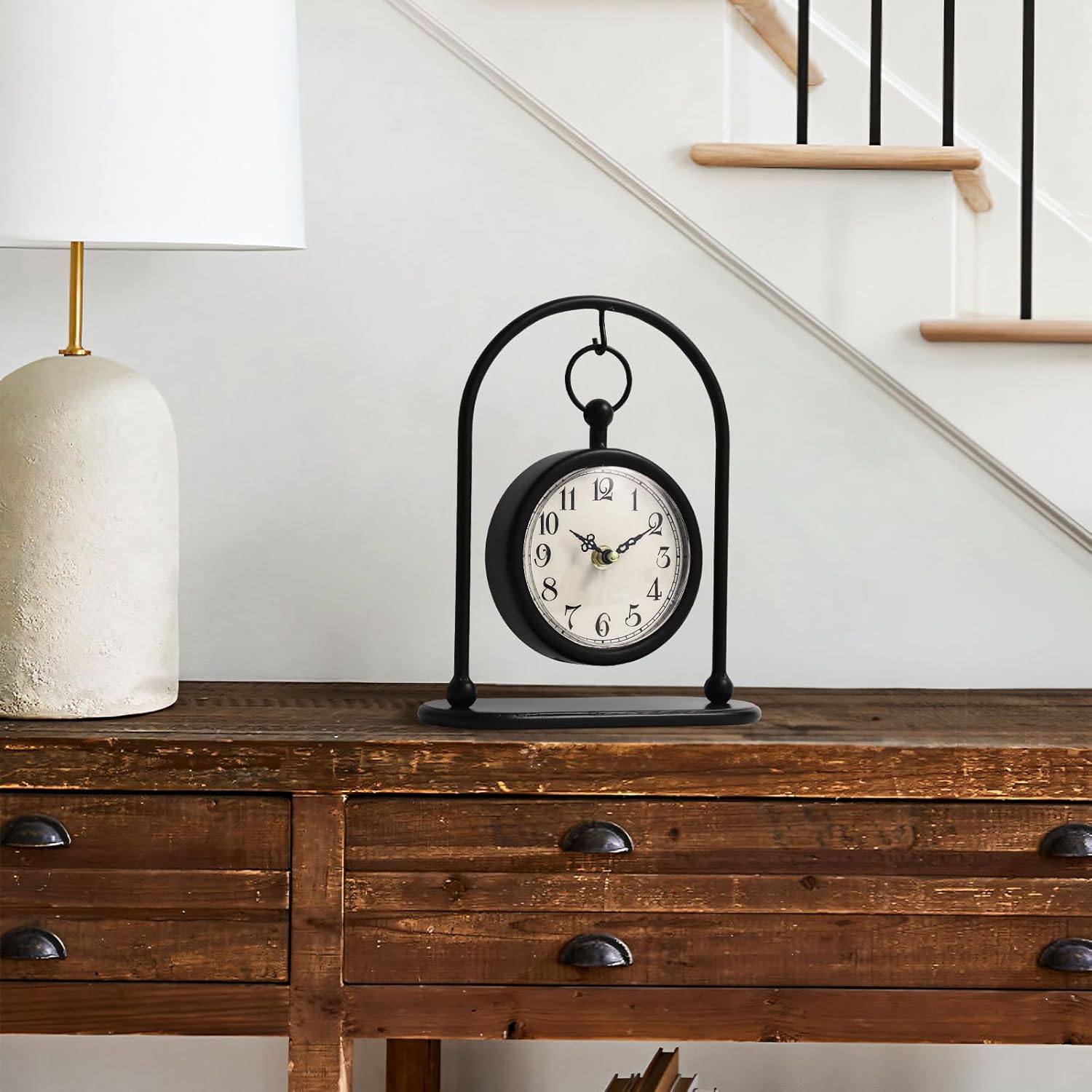 Vintage Metal Table Clock, Farmhouse Table Clock, Small Black Silent Non-Ticking Battery Operated Desk and Shelf Clocks