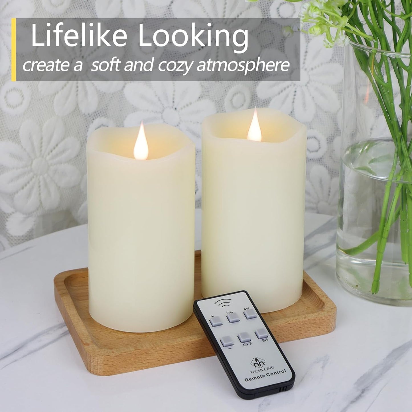 Flameless Candles Battery Operated with Remote Timer, 3D Moving Flame Flickering, Last 600+ Hours Battery Candles, 3" x