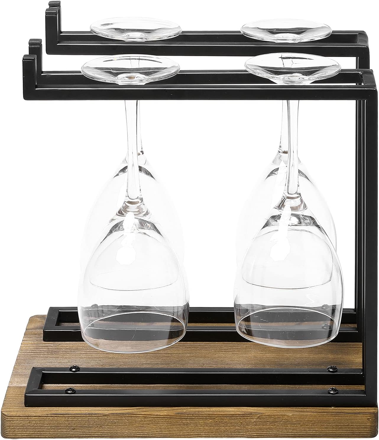 MyGift Countertop Wine Glass Holder with Rustic Wood Base, Industrial Metal | 2 Hanging Bars Store Stemware for