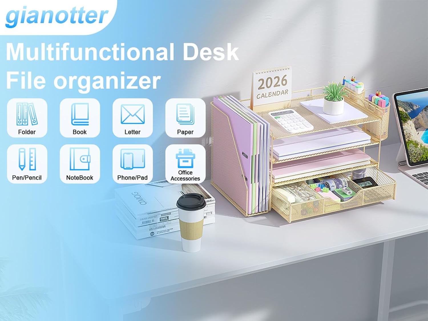 gianotter Desk Organizers and Accessories with File Holder, 4-Tier Desk Accessories & Workspace Organizers with Drawer