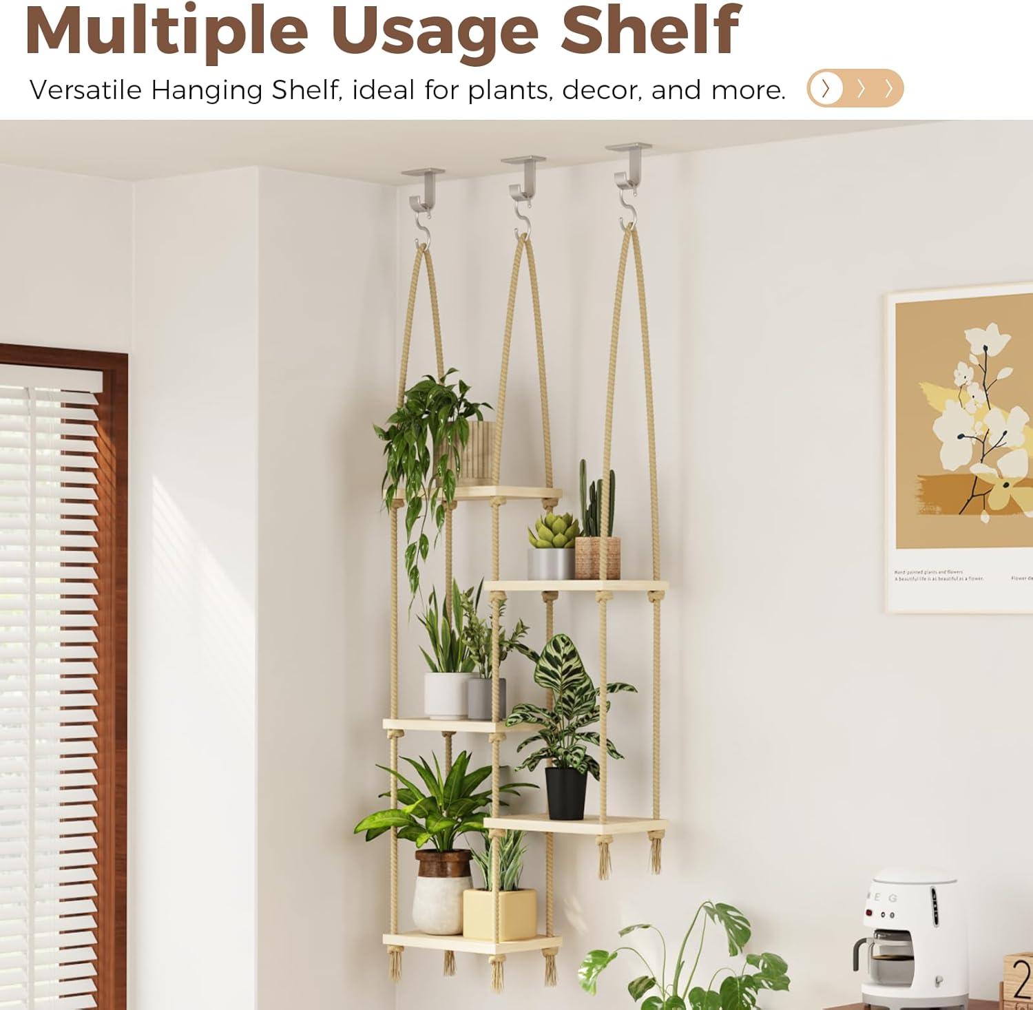 Hanging Shelves Plant Hanger Indoor Window Plant Shelves Wood Plant Wall Shelf Window Sill / 5tier