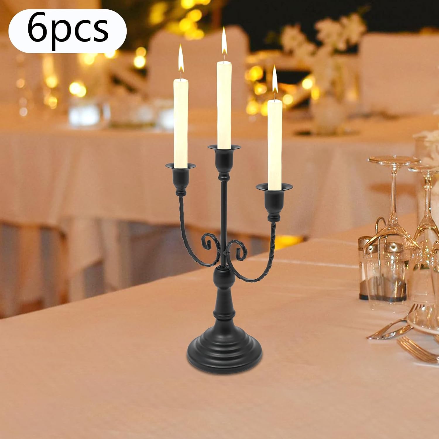 3 Arm Metal Candelabra Candle Holders Set of 6, Elegant Retro Taper Candle Stand for Wedding, Party, Dining Table
