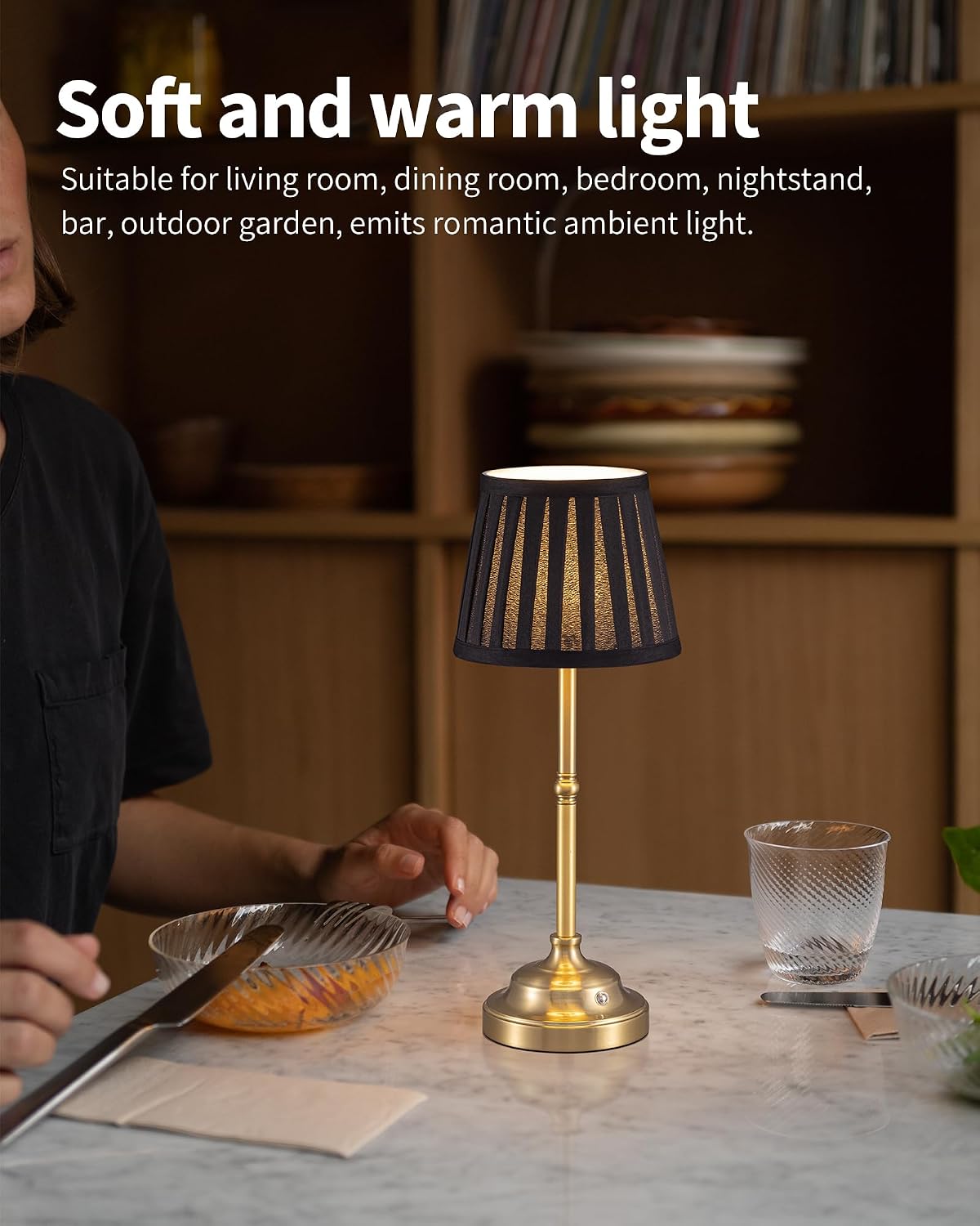 KDG Gold Cordless LED Table Lamps Set of 2, Black Fabric Shade Desk Lamps | Portable 4000mAh Rechargeable Battery