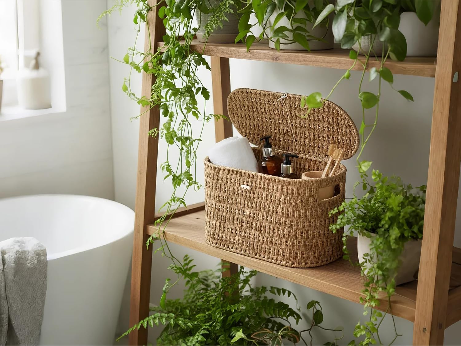 Paper Rope Wicker Basket / Natural / with Lid