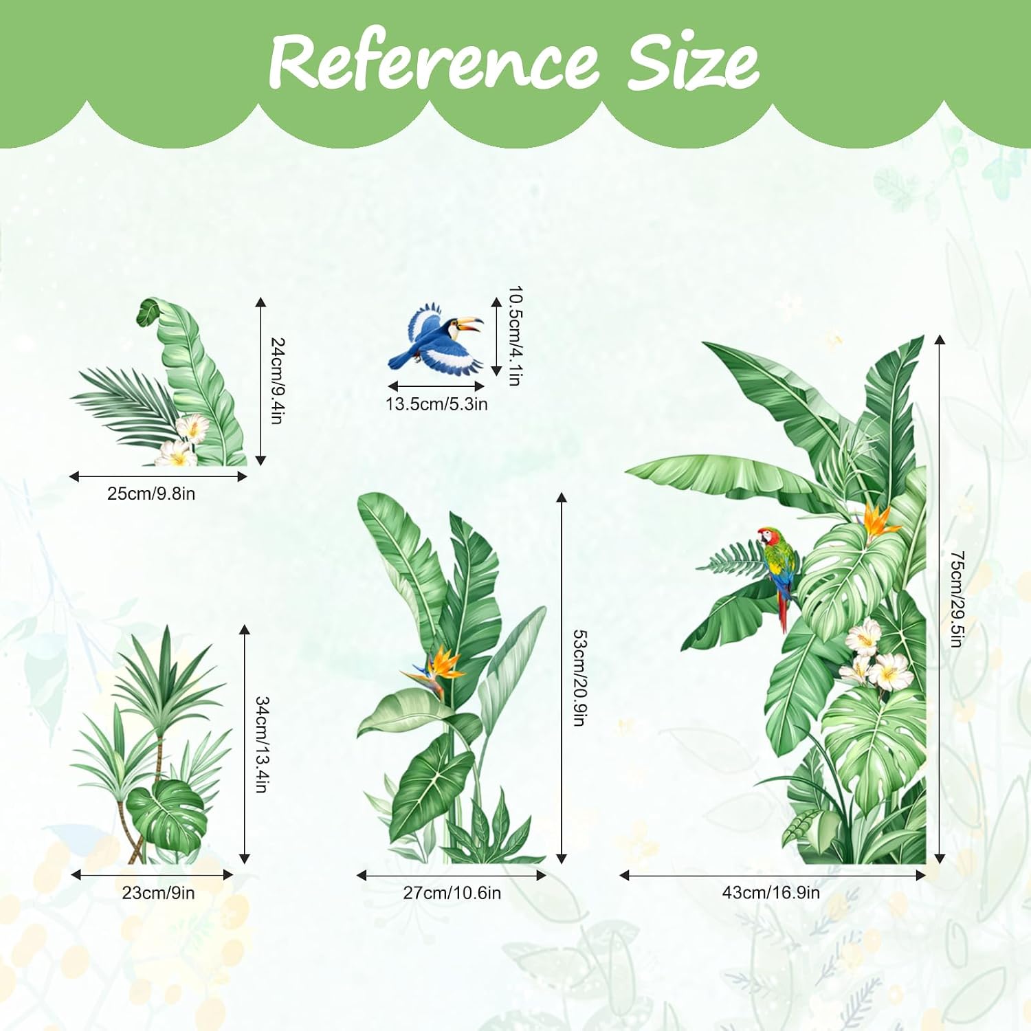 Tropical Palm Leaves Wall Decals Nature Jungle Leaf Plants Birds Wall Art Stickers / Green
