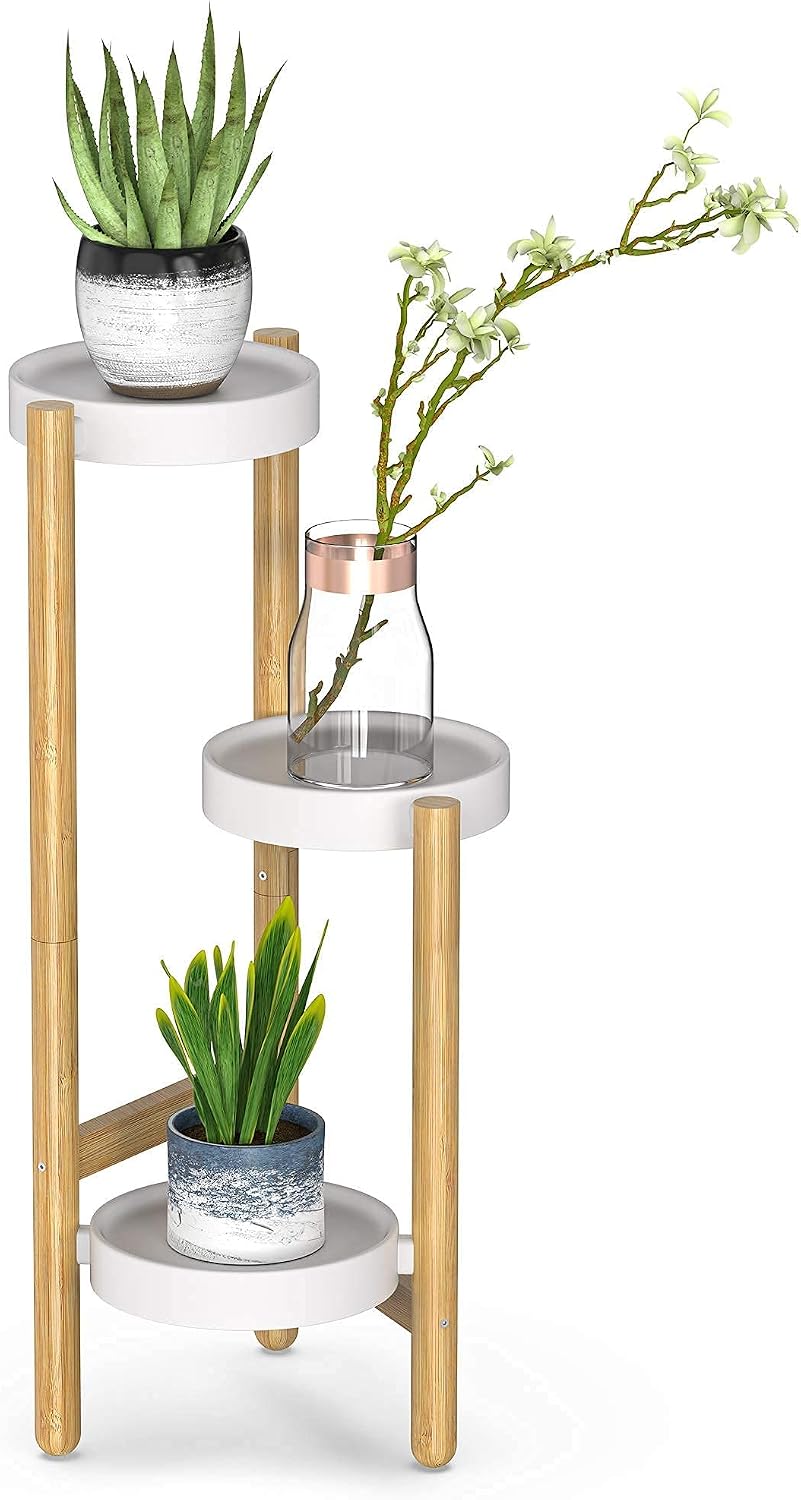 Wisuce Bamboo Plant Stand Indoor, 3 Tier Tall Corner Plant Shelf Table | Easy-Clean Steel Top | Smooth Bamboo | Narrow